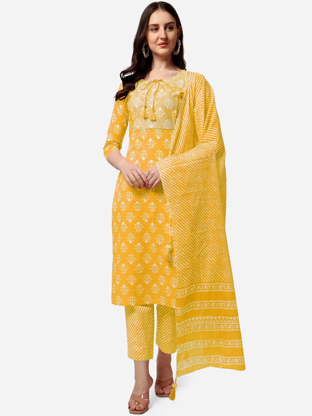 MIRCHI FASHION Women Mustard Yellow Printed Pleated Gotta Patti Kurti with Palazzos & With Dupatta-picture-16