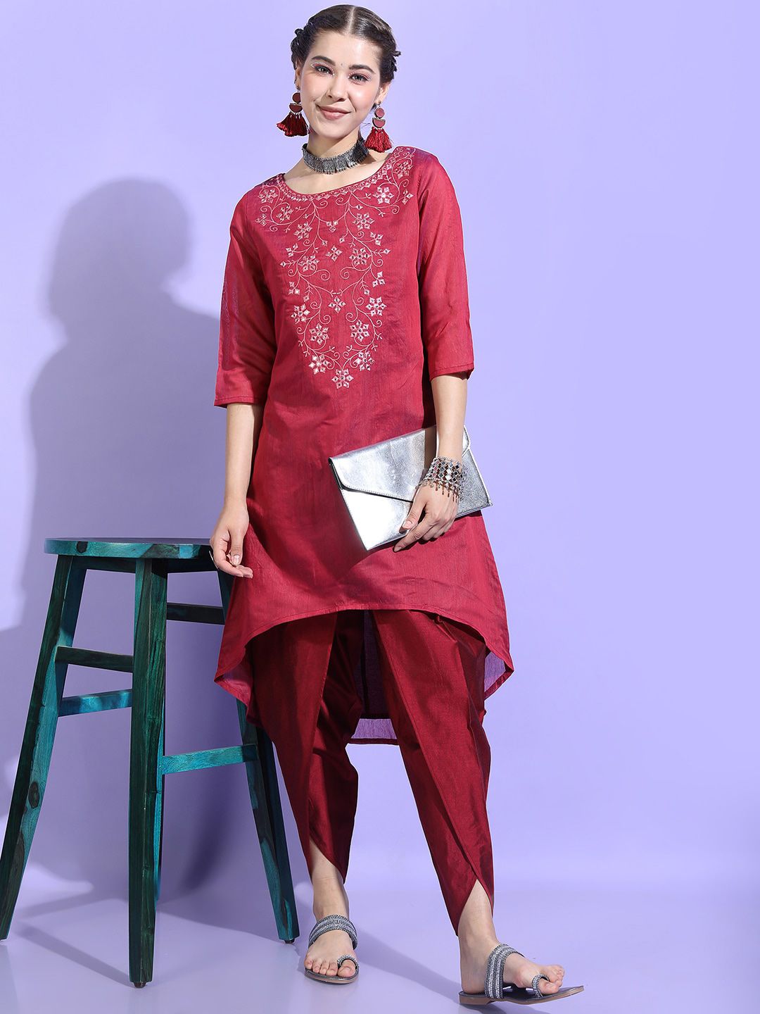 Vishudh Women Fuschia Floral Chanderi Cotton Kurta with Dhoti Pant-image-14