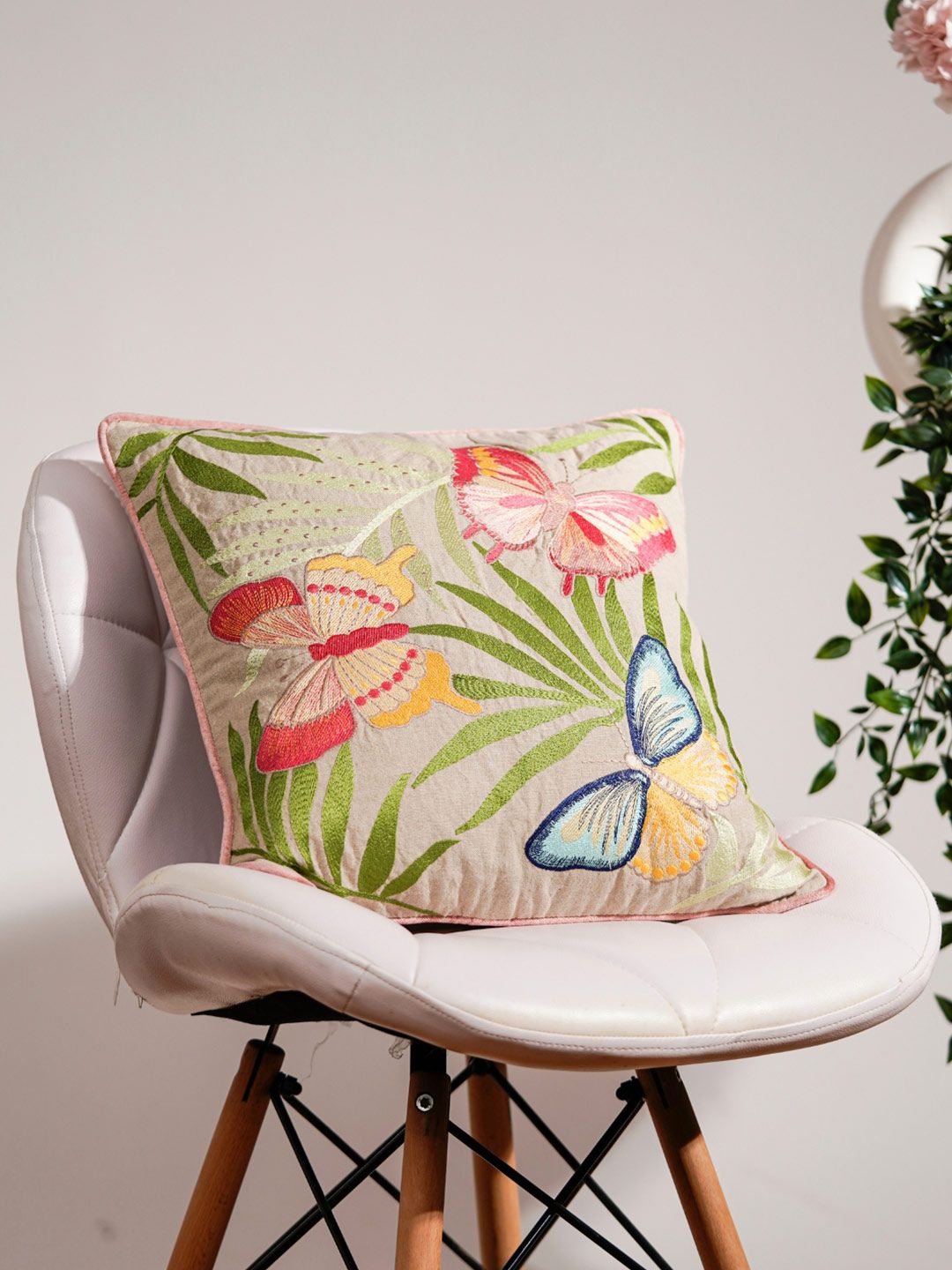 haus & kinder Beige & Green Embroidered Square 16" x 16" Cushion Covers-image-0