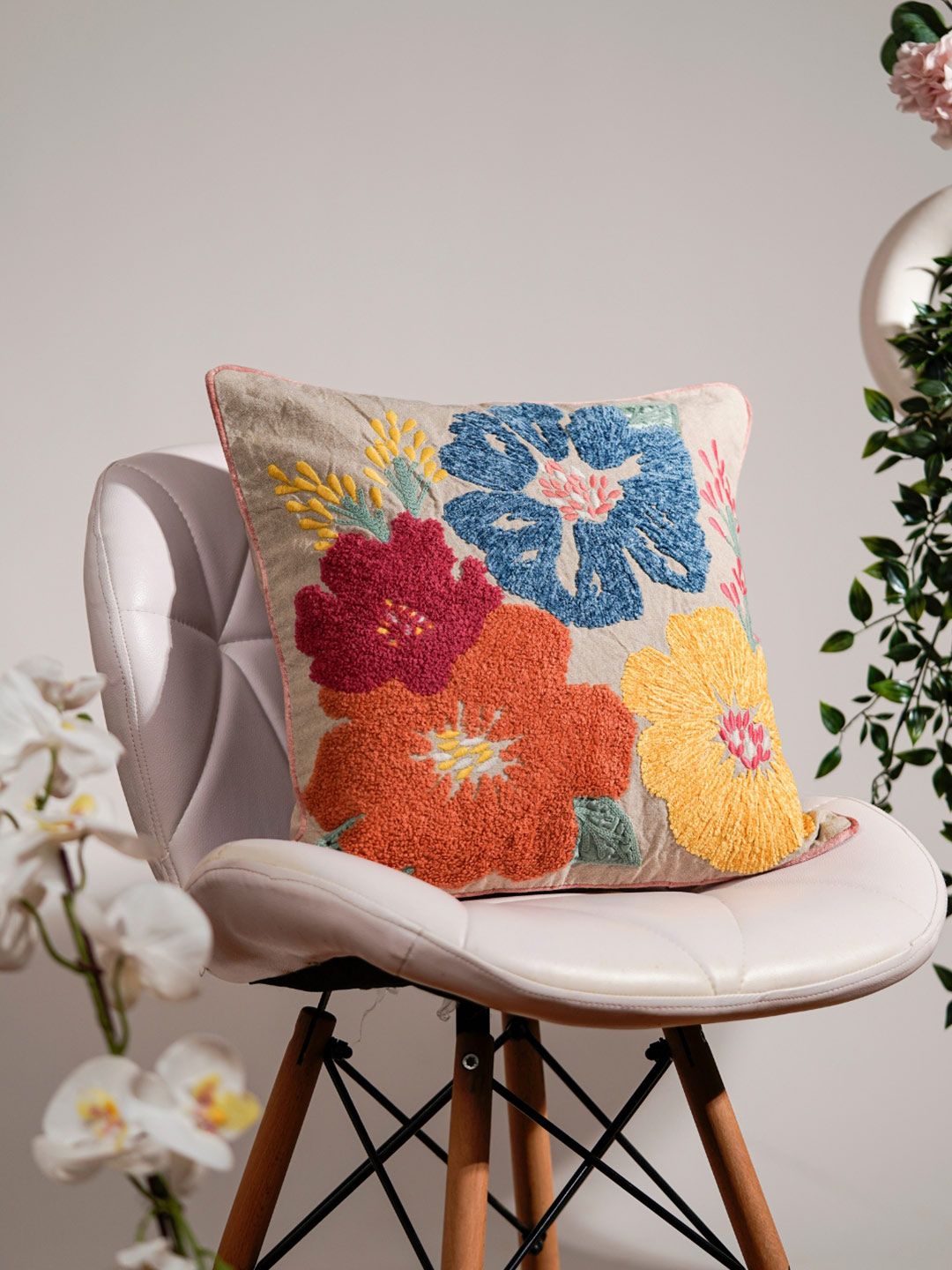 haus & kinder Beige & Multicoloured Embroidered Square Cushion Covers-image-44