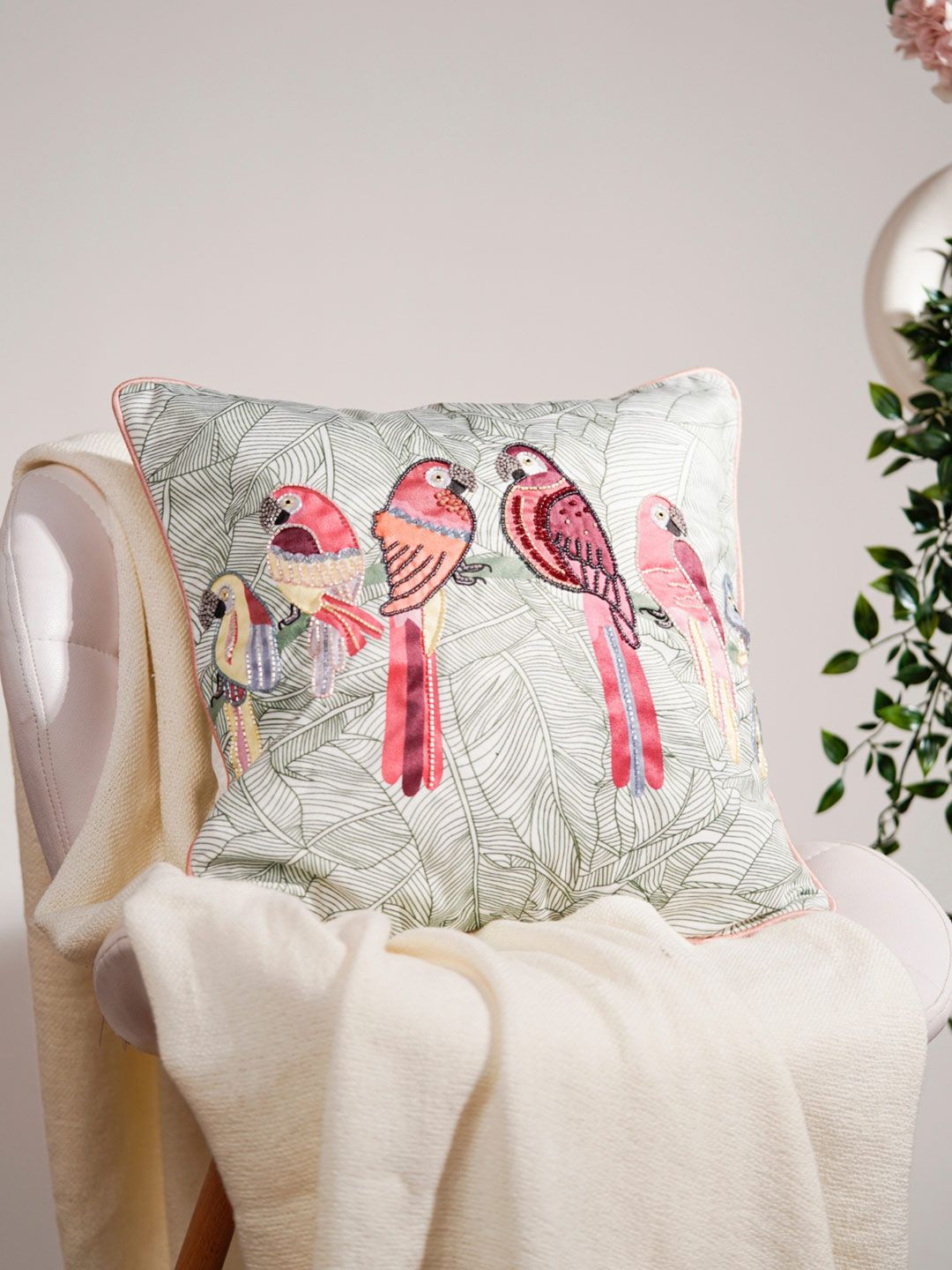 haus & kinder Cream-Coloured & Blue Embroidered Square Cushion Covers-image-33