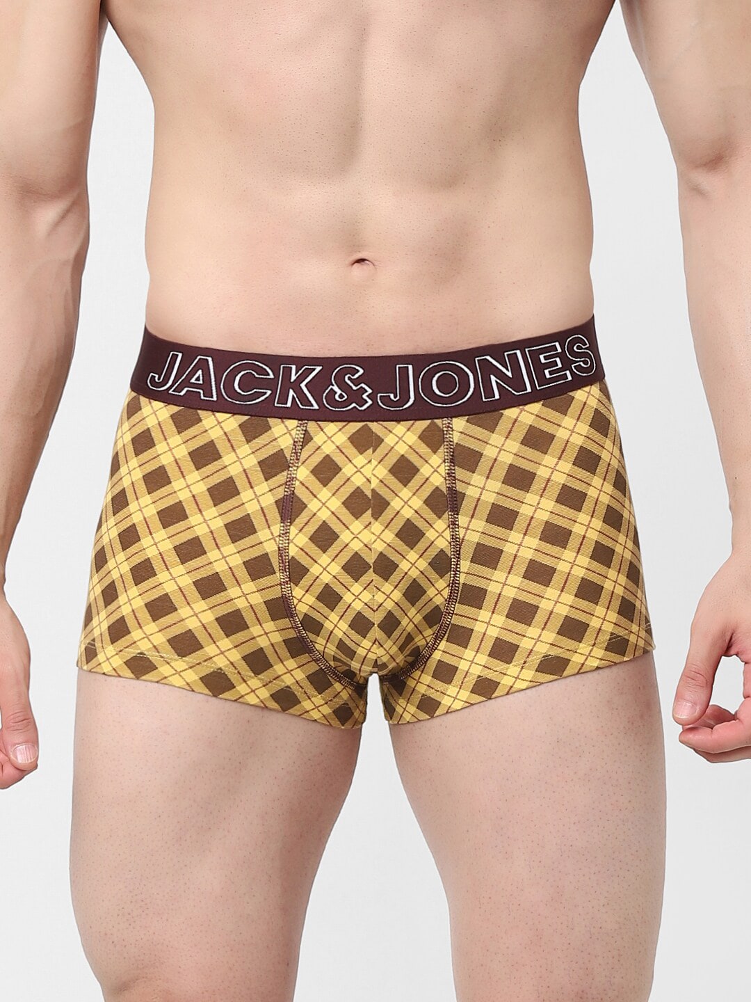 Jack & Jones Men Yellow & Brown Checked Trunk 1563297001