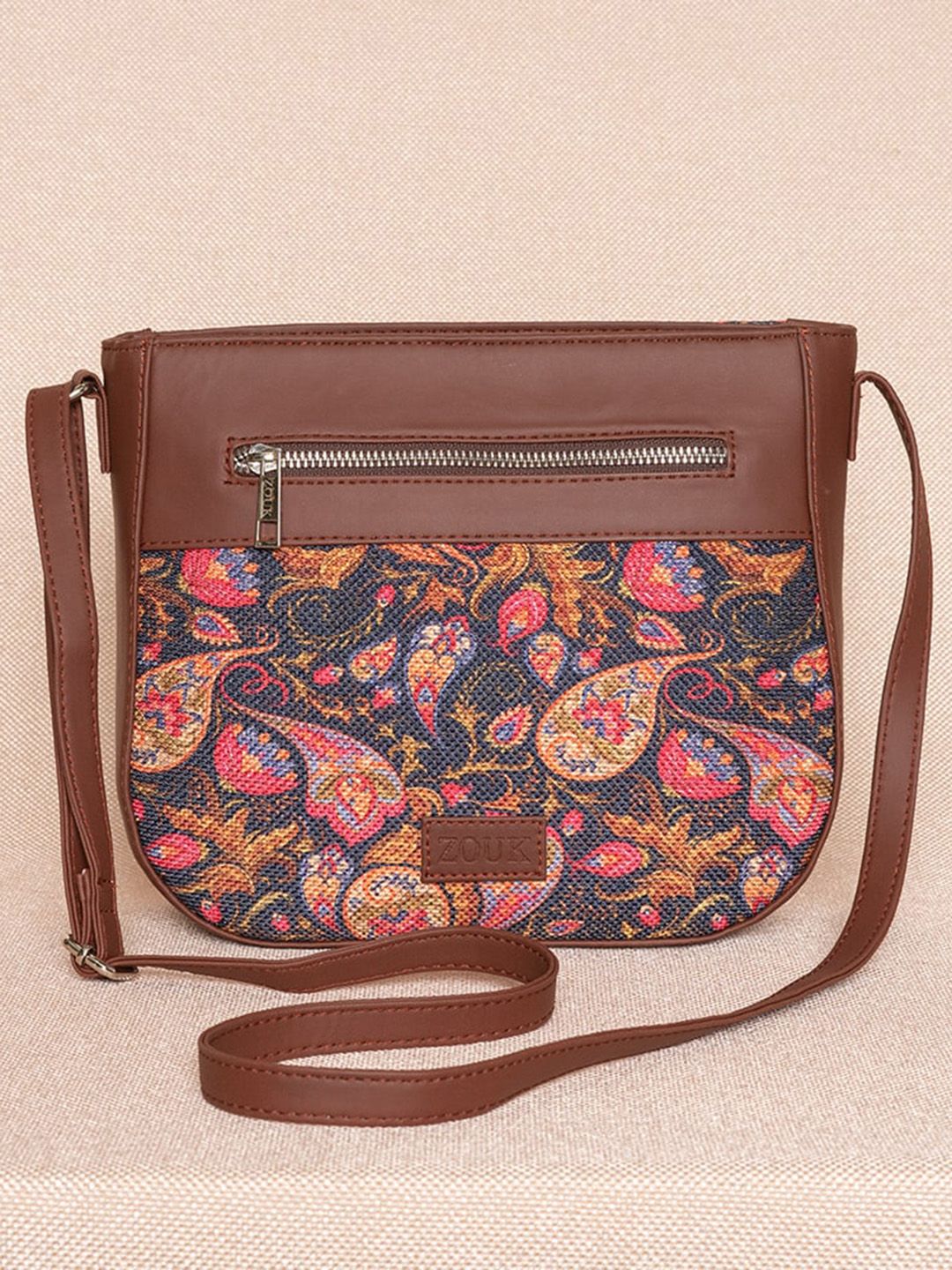 ZOUK Multicoloured Floral Printed Structured Sling Bag-picture-15
