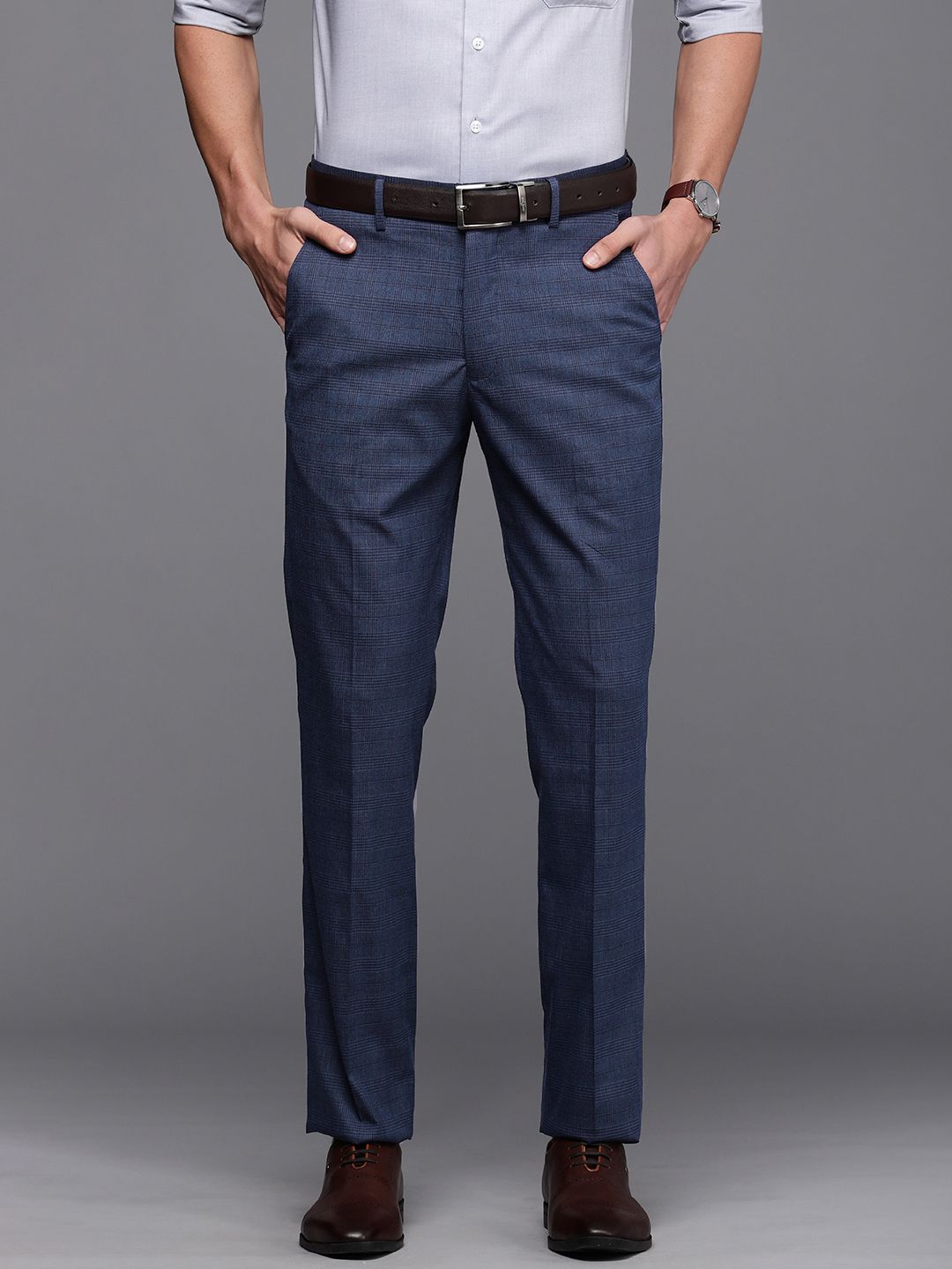 Louis Philippe Men Navy Blue Checked Slim Fit Formal Trousers-picture-30