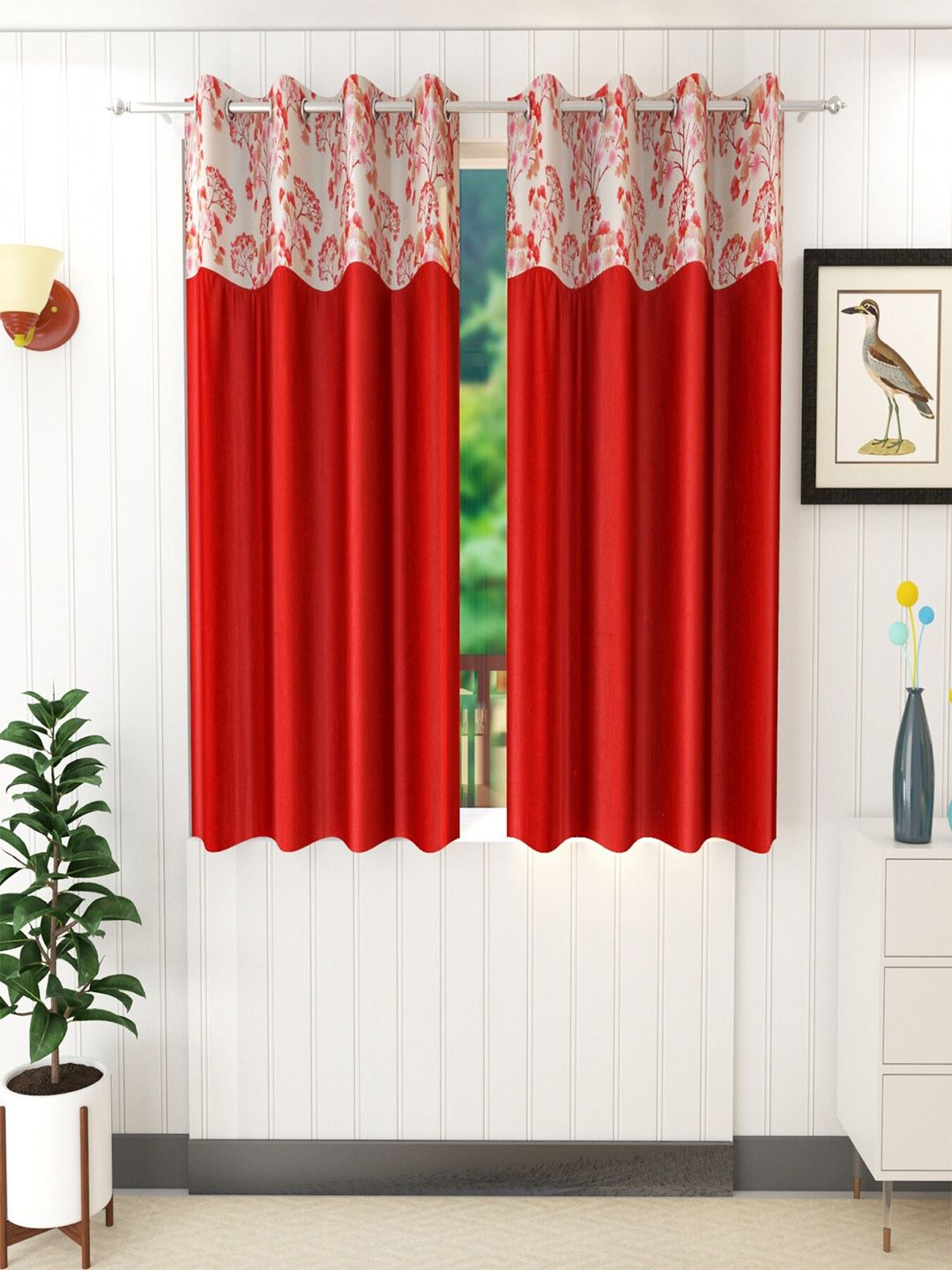 Homefab India Maroon & White Set of 2 Floral Window Curtain-picture-33