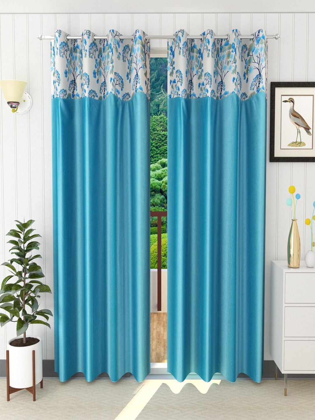 Homefab India Set of 2 Turquoise Blue & White Floral Eyelet Door Curtain-picture-13