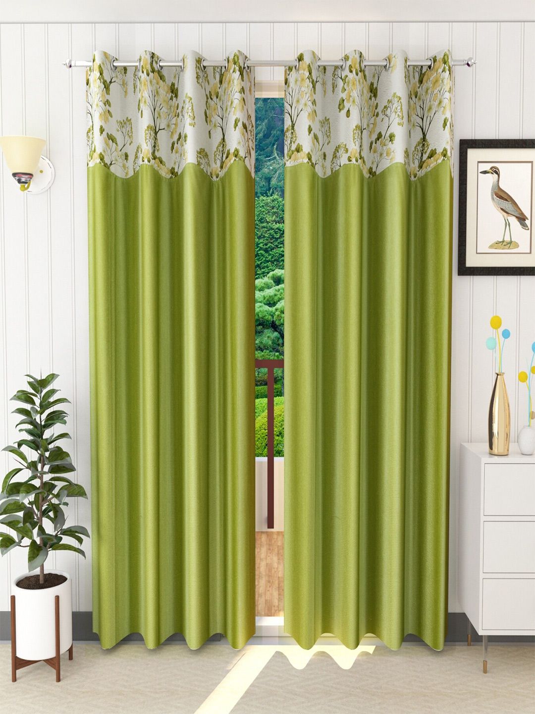 Homefab India Green & White Set of 2 Floral Long Door Curtains-picture-23