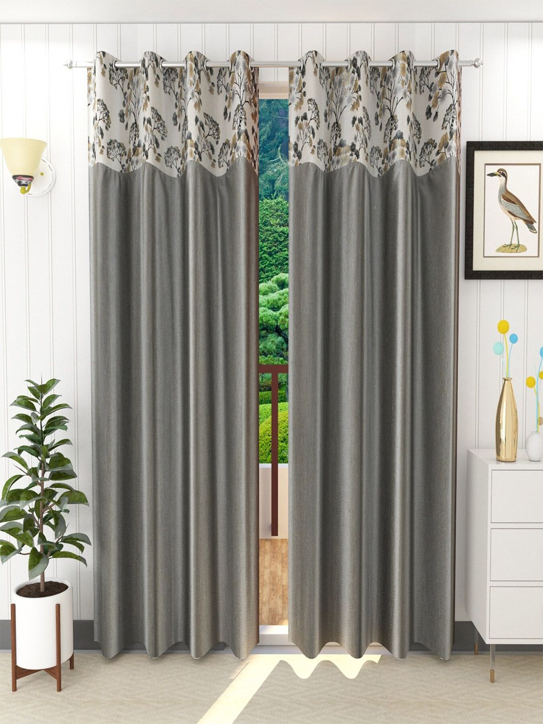 Homefab India Grey & White Floral Long Door Curtains-picture-26