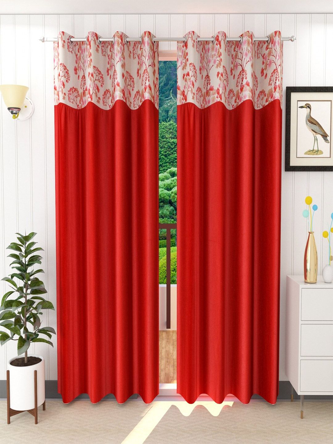 Homefab India Set of 2 Maroon & White Floral Long Door Curtain-picture-27