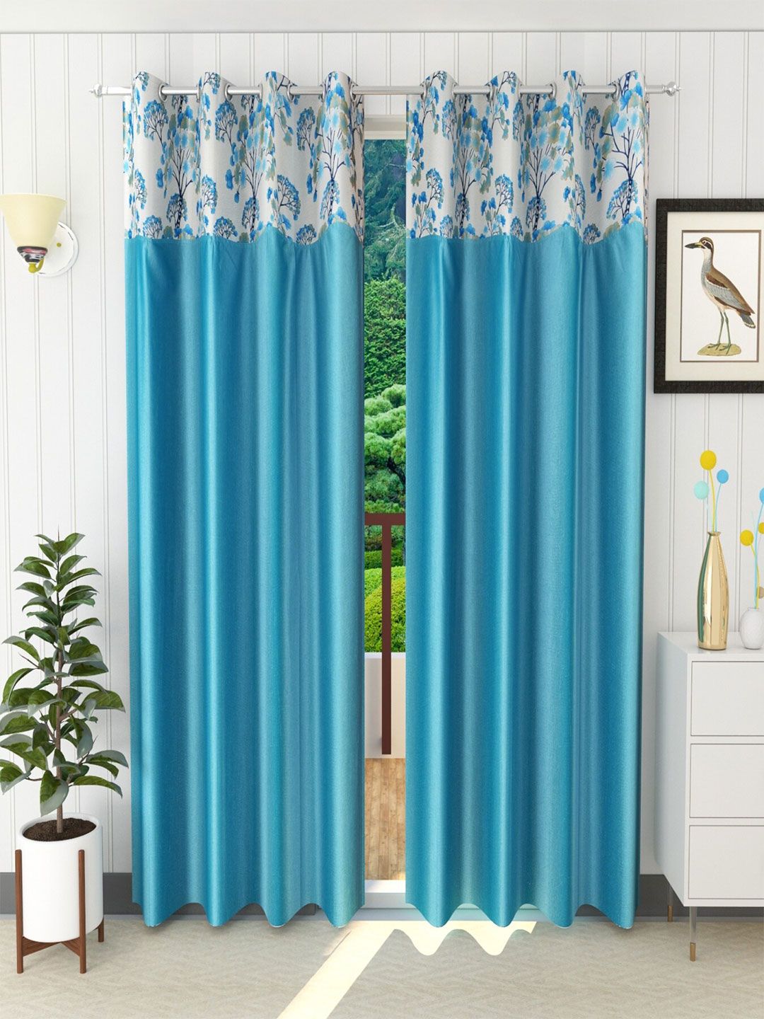 Homefab India Turquoise Blue & White Set of 2 Floral Long Door Curtain-picture-11