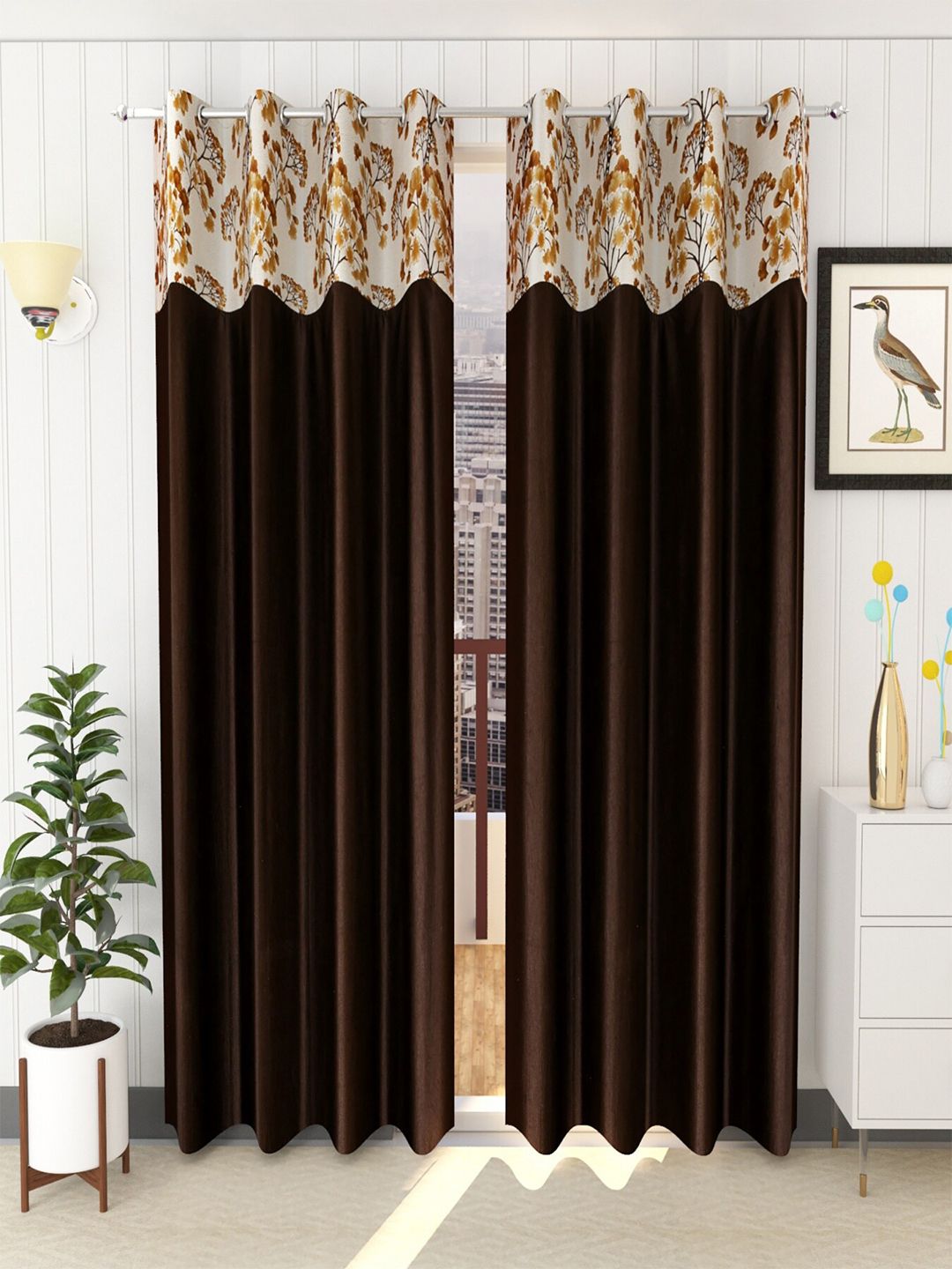 Homefab India Set of 2 Coffee Brown & Cream-Coloured Regular Floral Door Curtain-picture-20