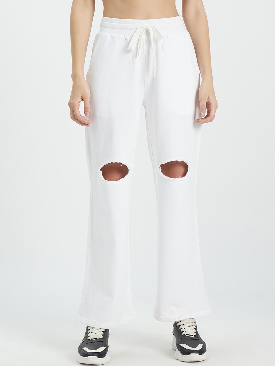 Buy EDRIO EDRIO Women White Solid Ripped Cotton Track Pants at Redfynd