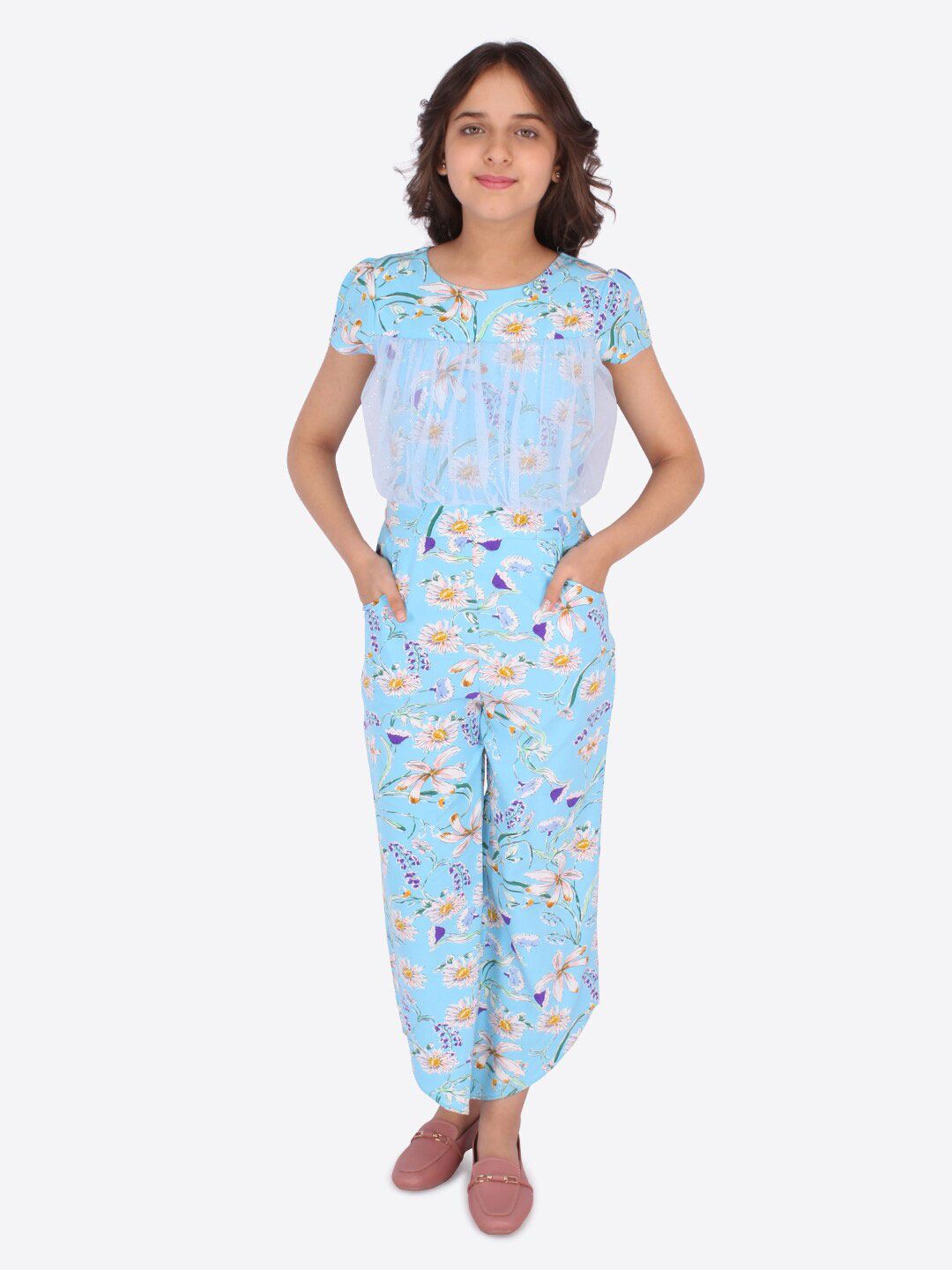 CUTECUMBER Girls Blue & White Printed Round Neck Basic Jumpsuit-picture-31