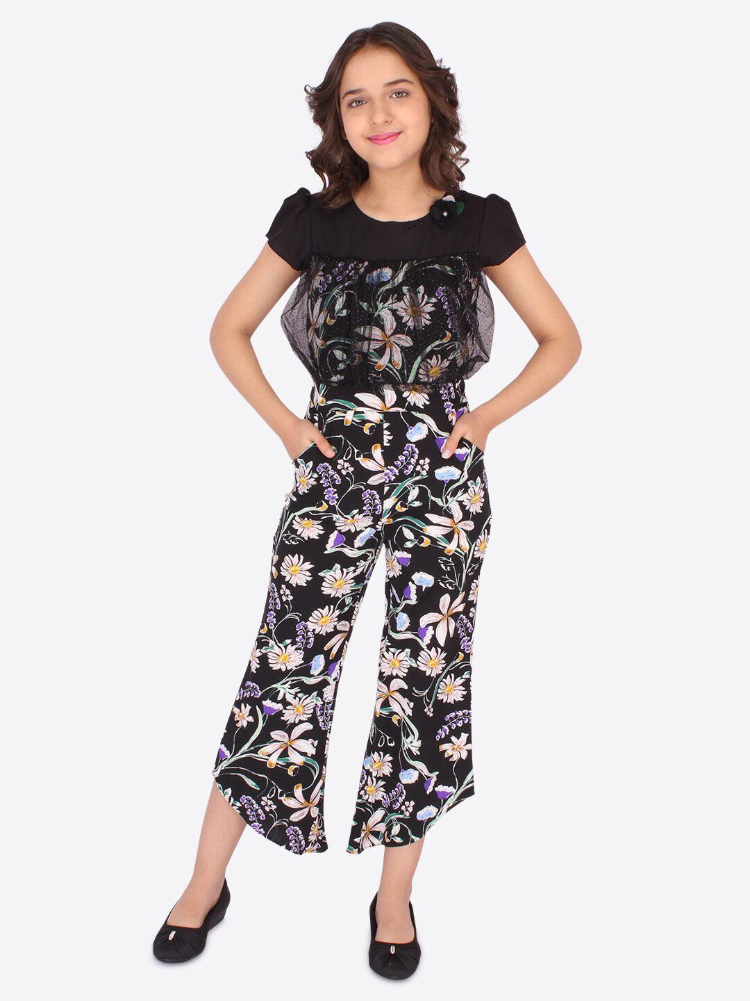 CUTECUMBER Girls Black & White Floral Printed Culotte Jumpsuit-picture-19