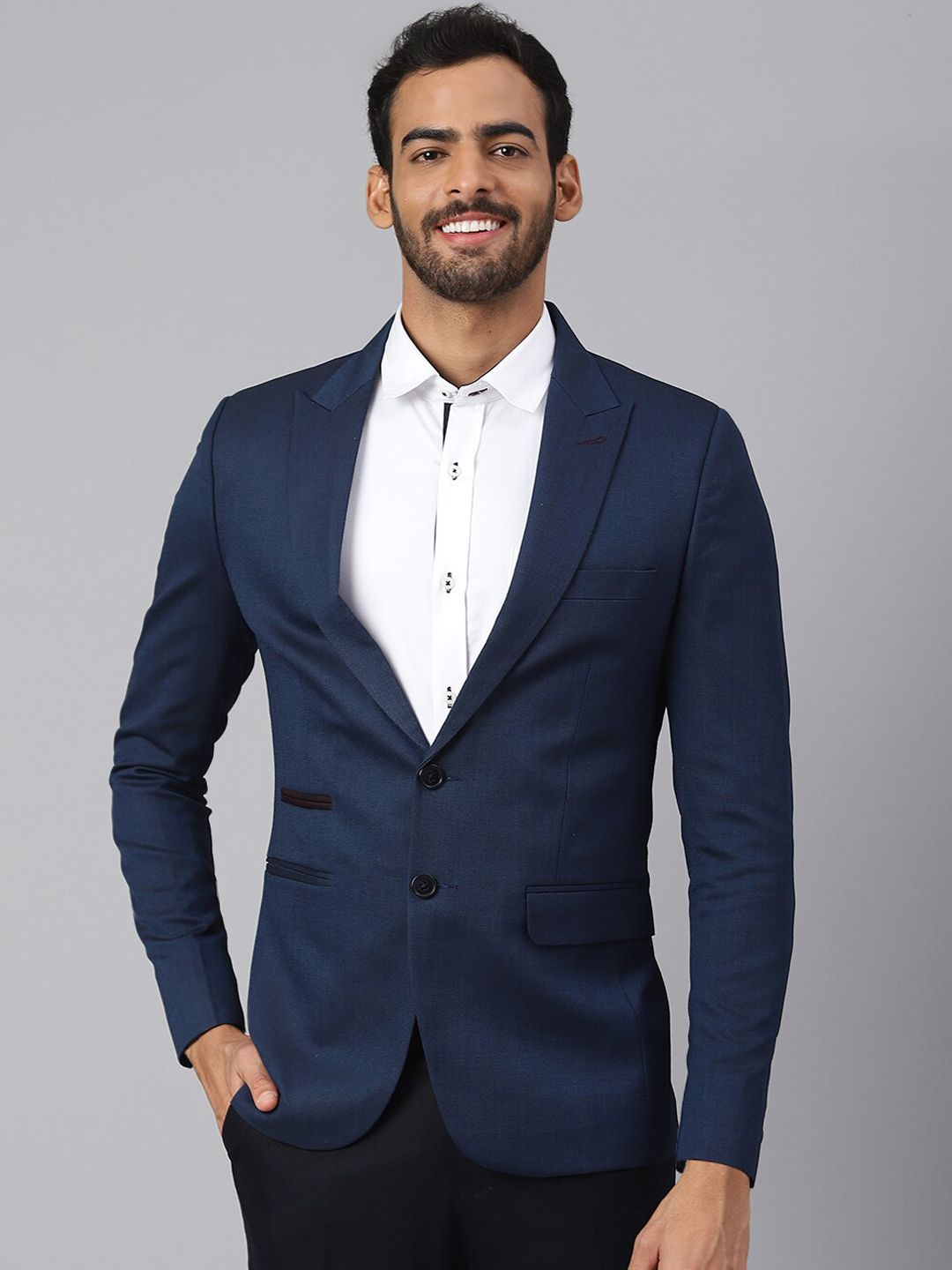 MR BUTTON Men Blue Solid Blazer-picture-10