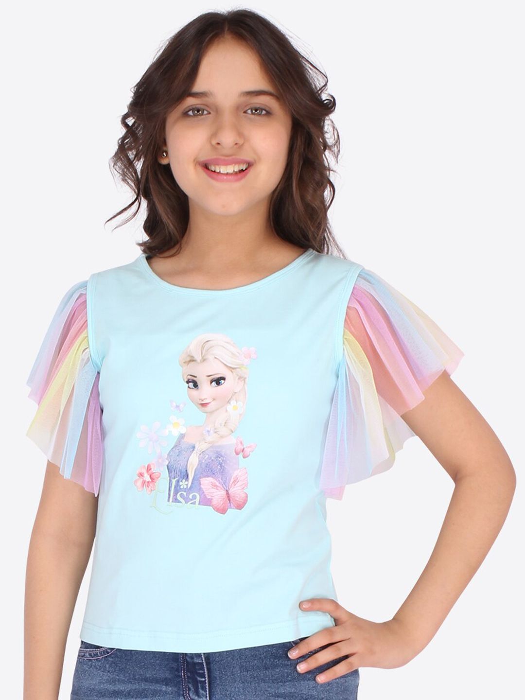 CUTECUMBER Blue Floral Print Applique Top