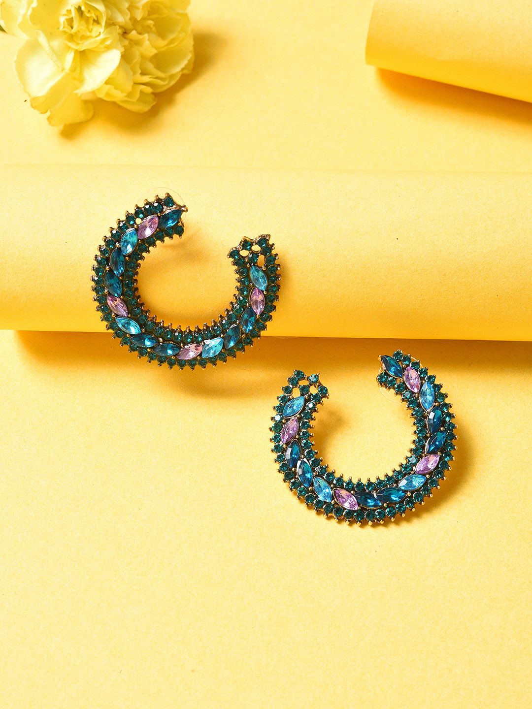 SOHI Green Contemporary Half Hoop Earrings-picture-33