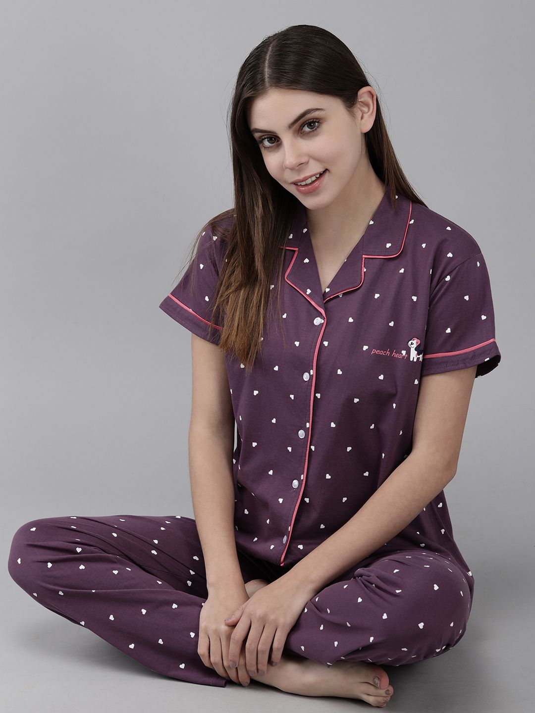 Zeyo Women Purple Printed Cotton Night suit