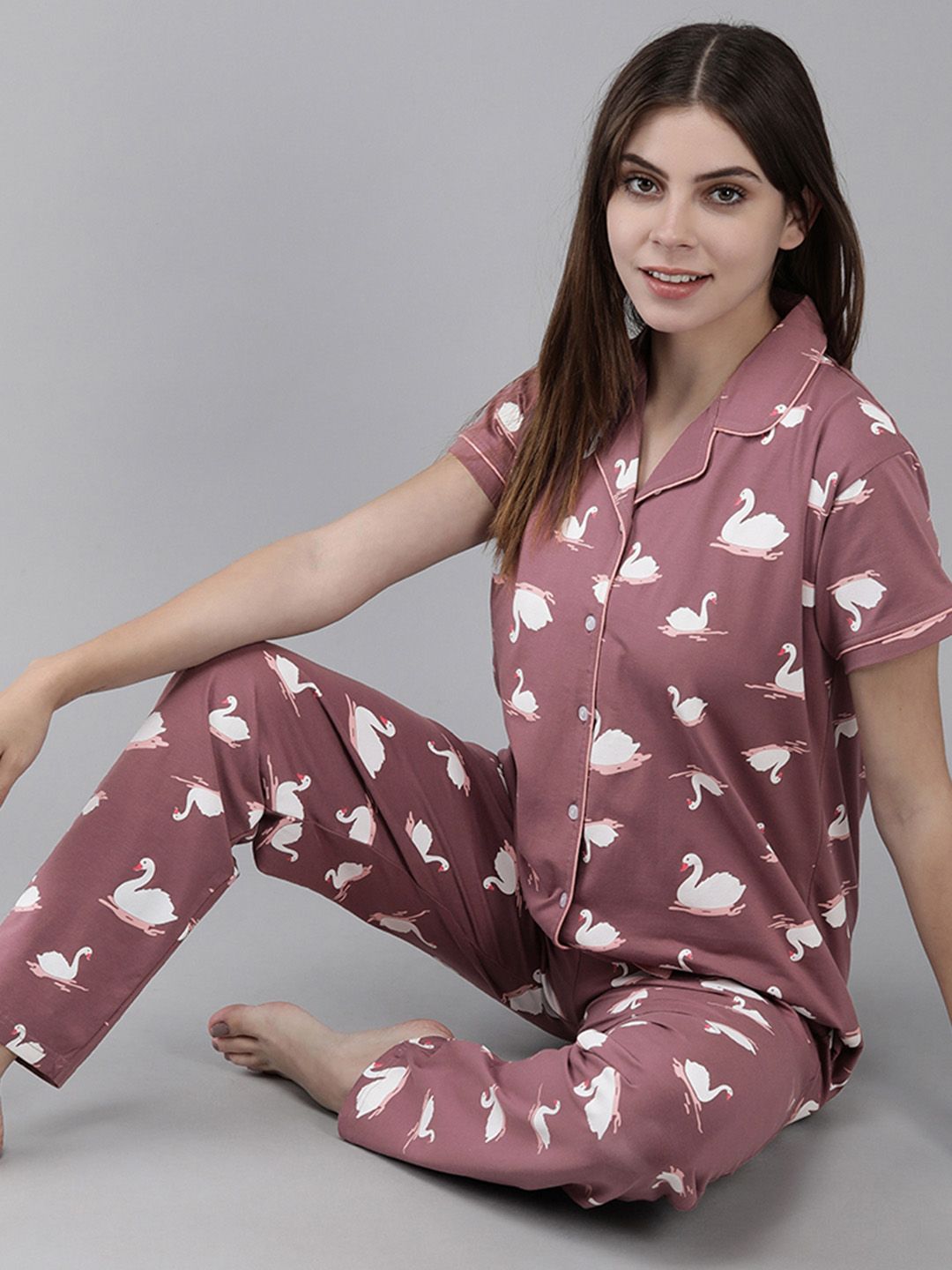 Zeyo Women Mauve & White Printed Cotton Night suit-image-7