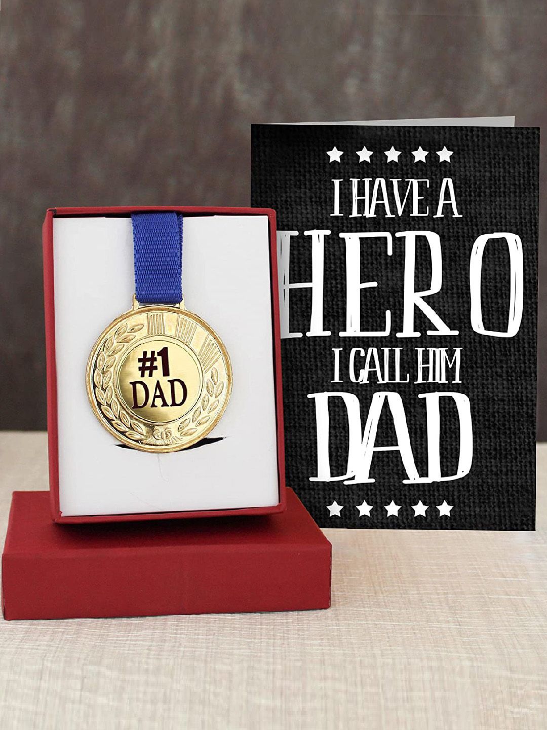 TIED RIBBONS Blue & Black Fathers Day Gift Golden Medal with Greeting Card Combo-image-4