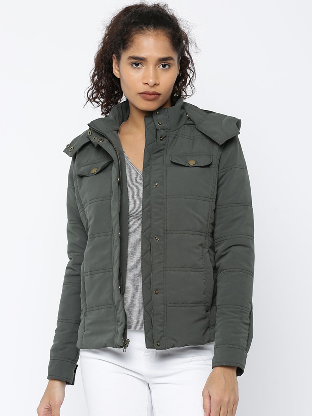 Buy Roadster Roadster Women Grey Solid Hooded Puffer Jacket at Redfynd