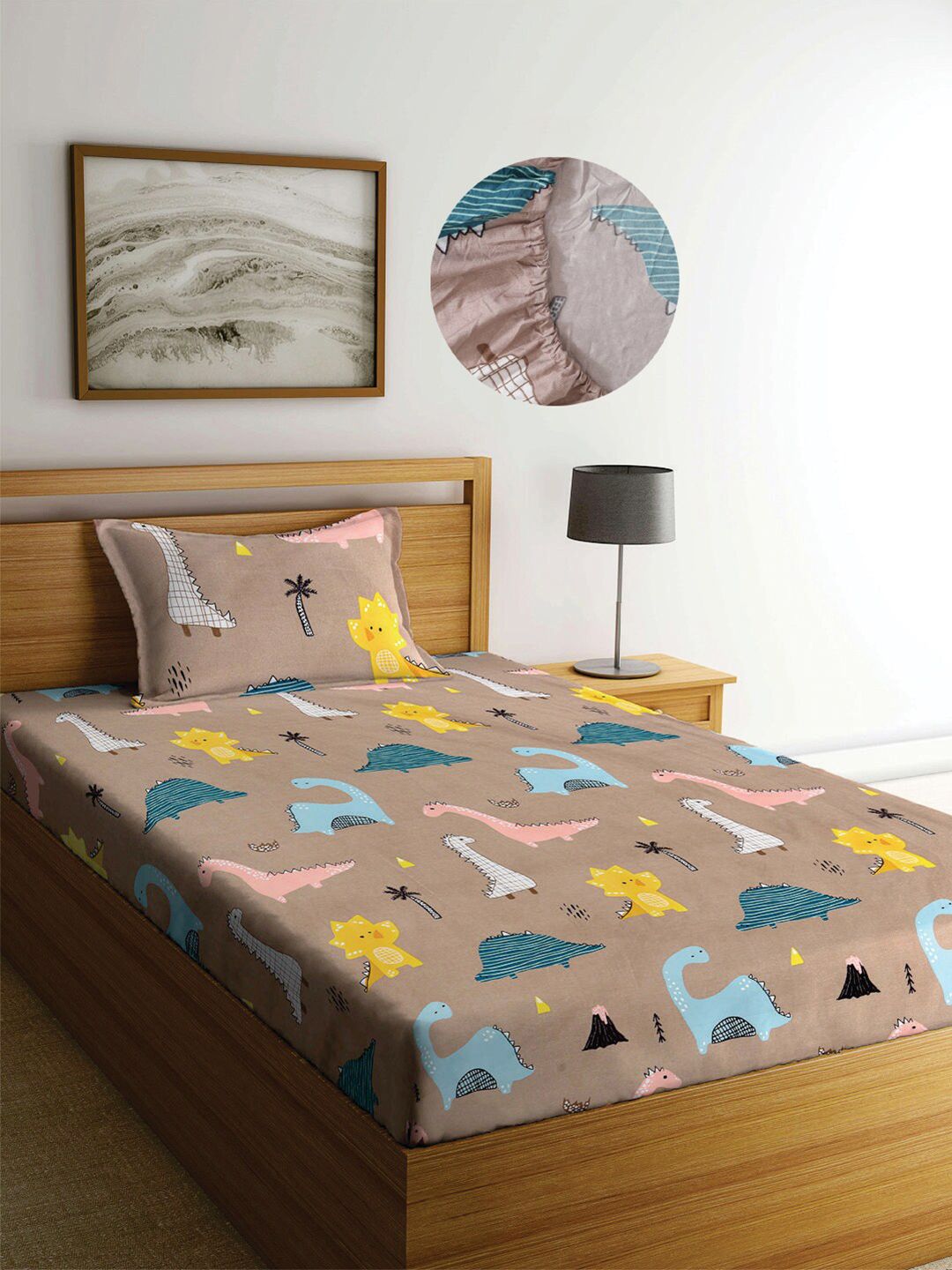 KLOTTHE Kids Brown Cartoon Characters 300 TC Elasticated Single Bedsheet with Pillow Cover-image-45
