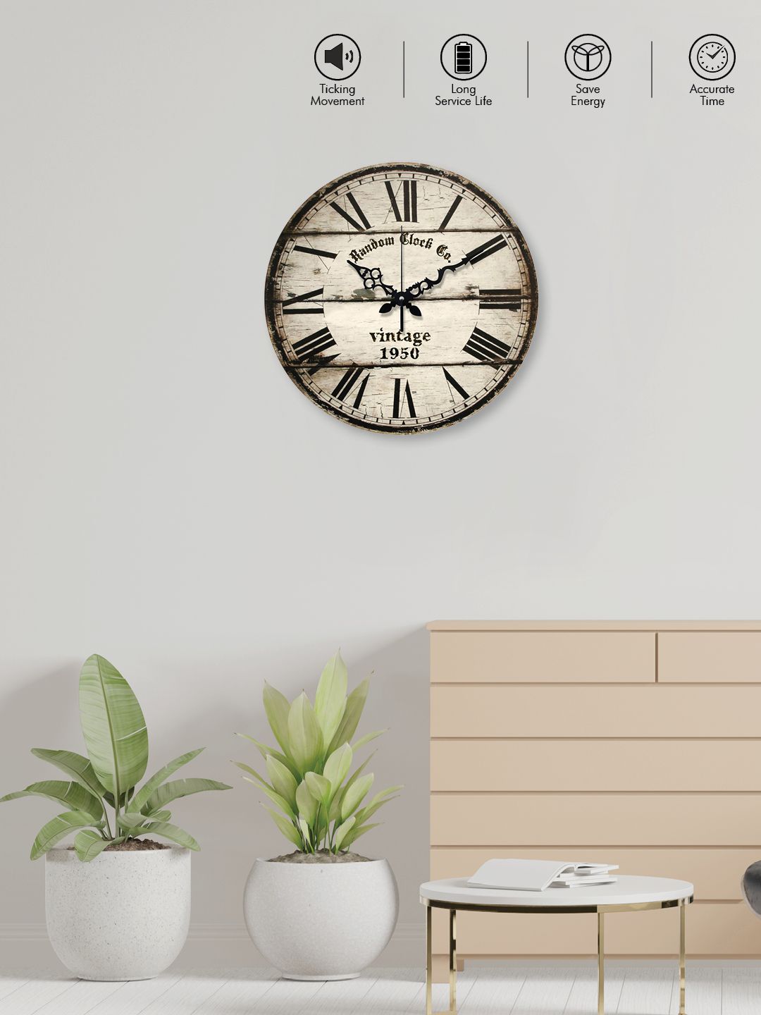 RANDOM Off-White Textured Dial Wooden 38 cm Analogue Wall Clock-image-44