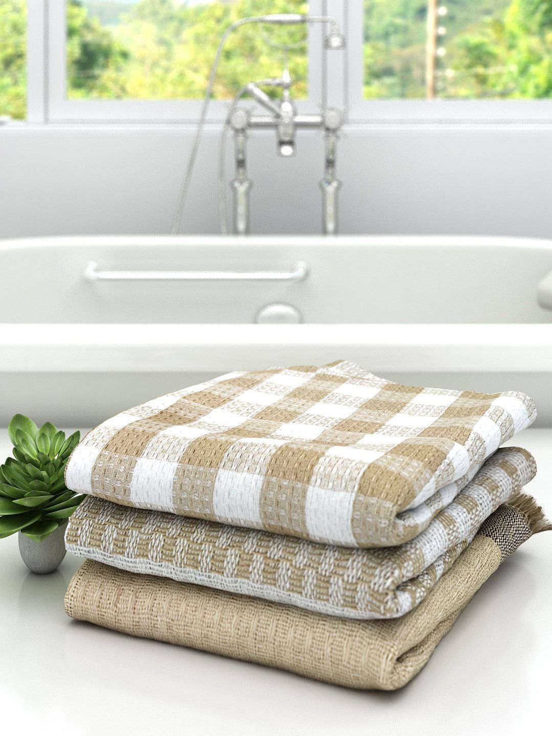 Athom Trendz Set Of 3 Checked Cotton 210 GSM Bath Towels-image-48