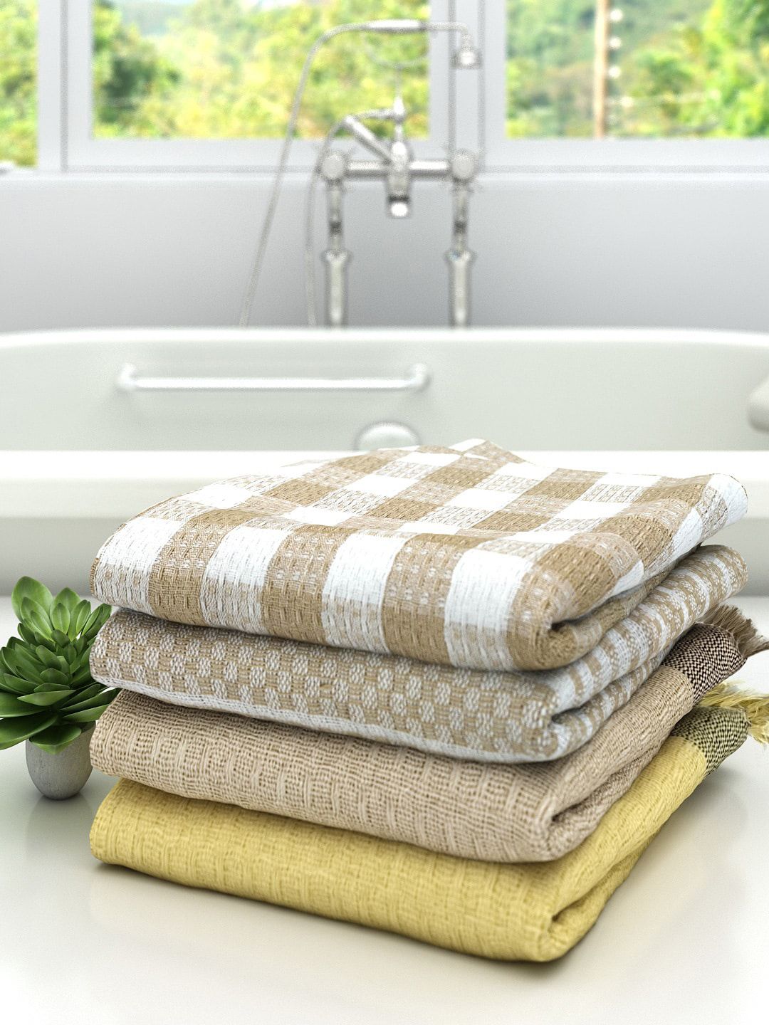 Athom Trendz Set of 4 Checked Pure Cotton 210 GSM Lightweight Bath Towels-image-28