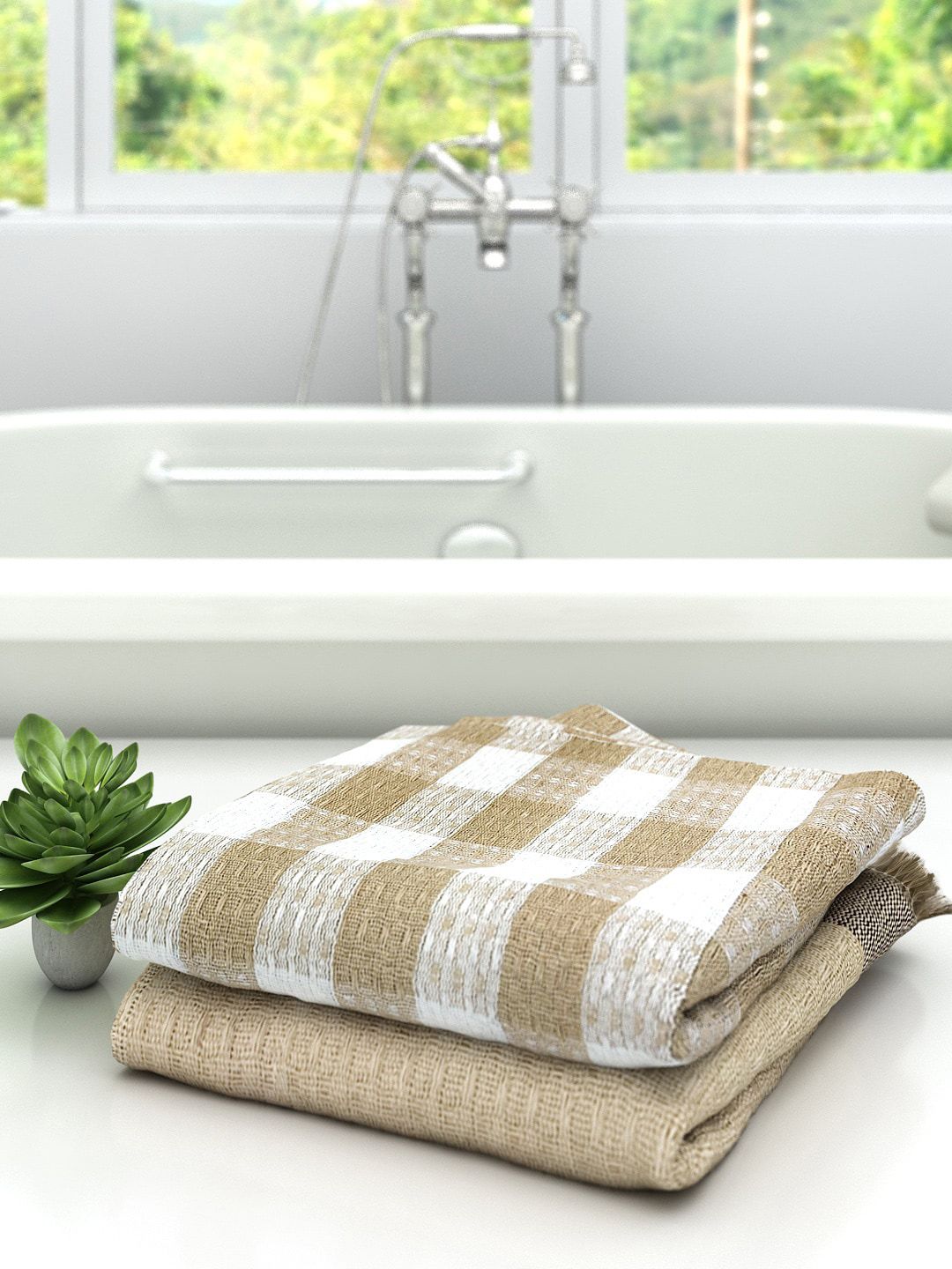 Athom Trendz Set of 2 Checked Pure Cotton 210 GSM Lightweight Bath Towels-image-29