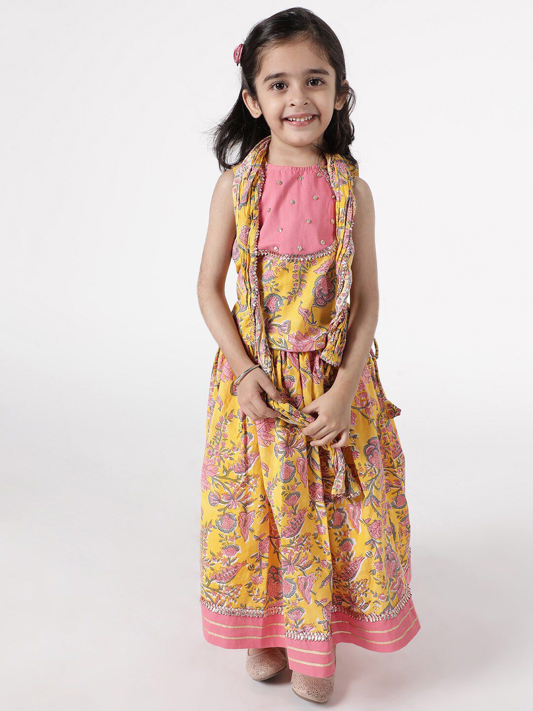 A Little Fable Girls Yellow & Pink Printed Foil Print Ready to Wear Lehenga & Blouse With Dupatta-picture-14