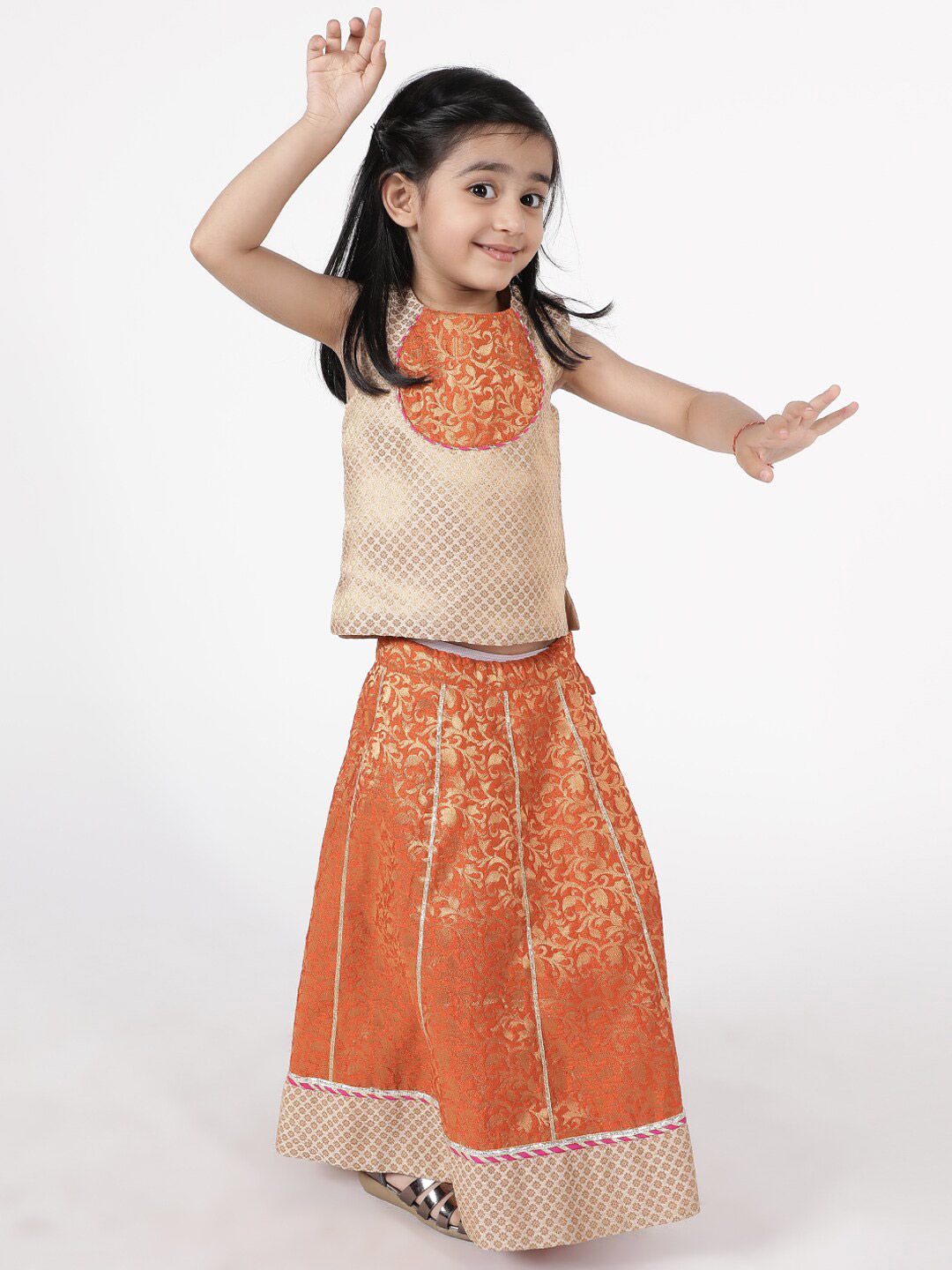 A Little Fable Girls Orange & Pink Printed Ready to Wear Lehenga & Blouse With Dupatta-picture-37