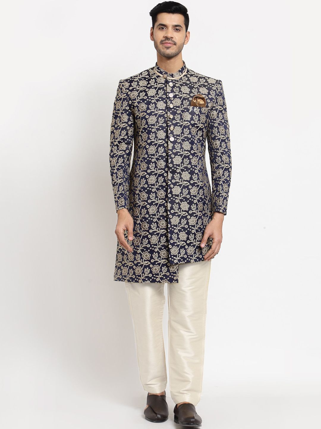 KLOTTHE Men Navy Blue & Grey Printed Sherwani Set-image-47
