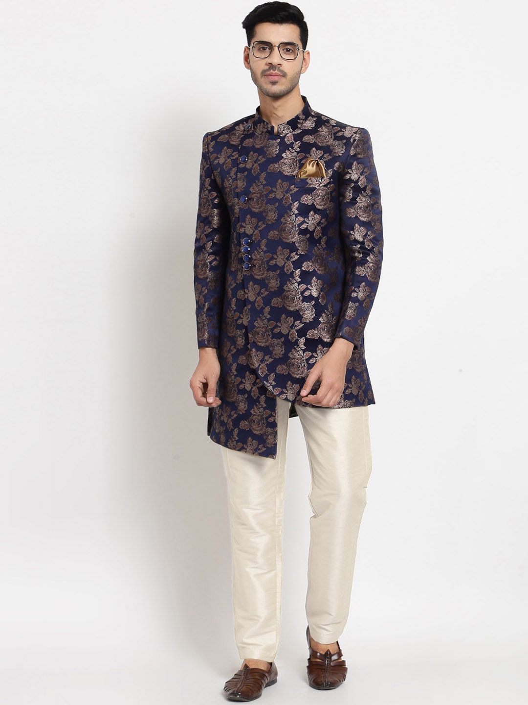 KLOTTHE Men Navy-Blue & Gold-Colored Printed Sherwani Set-picture-10