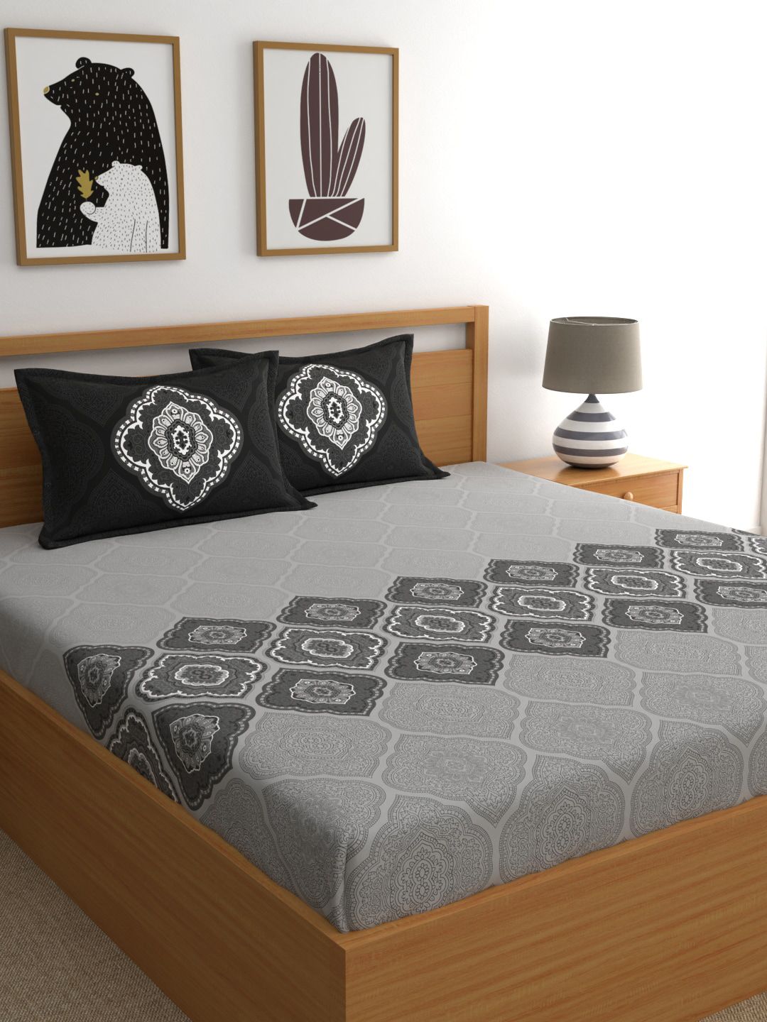 Dreamscape Grey & Black Floral 140 TC Double Bedsheet with 2 Pillow Cover-image-14
