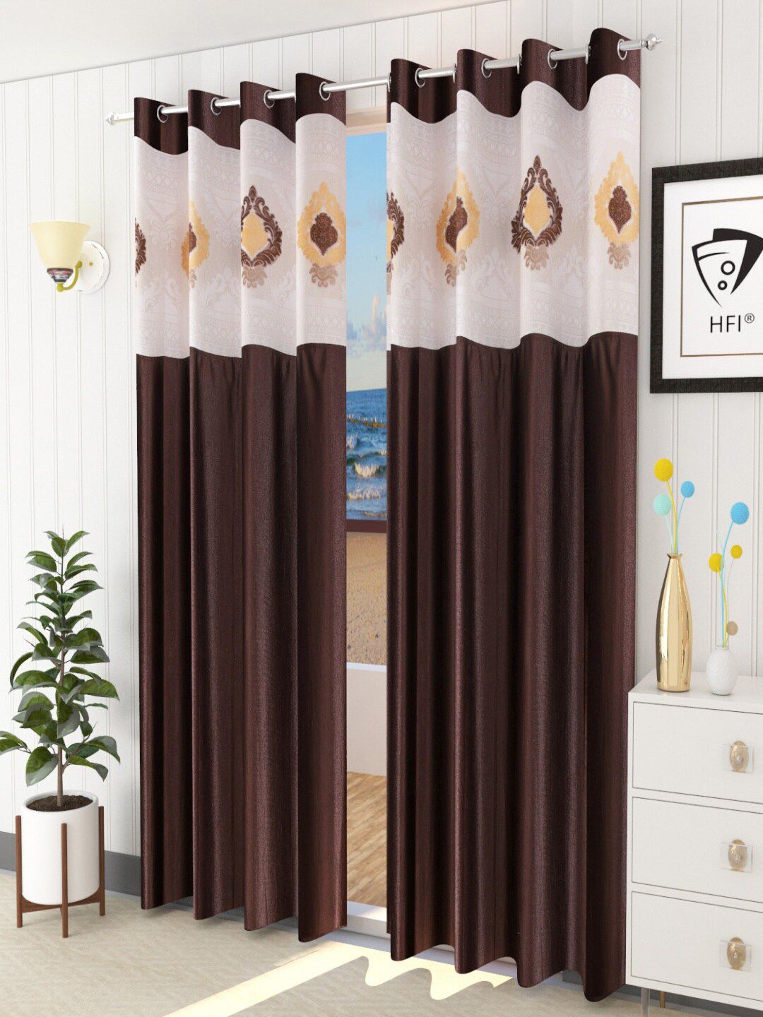 Homefab India Coffee Brown & Cream-Coloured Set of 2 Sheer Door Curtain-picture-15