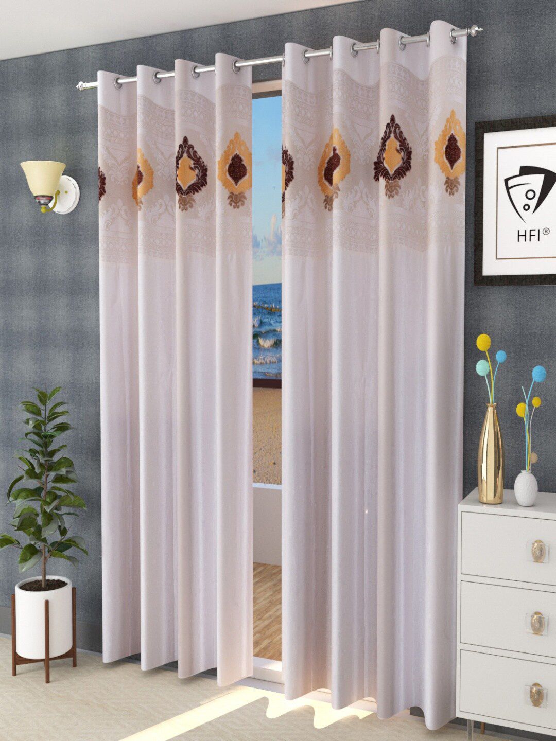 Homefab India Cream-Coloured & Brown Set of 2 Sheer Door Curtain-picture-12