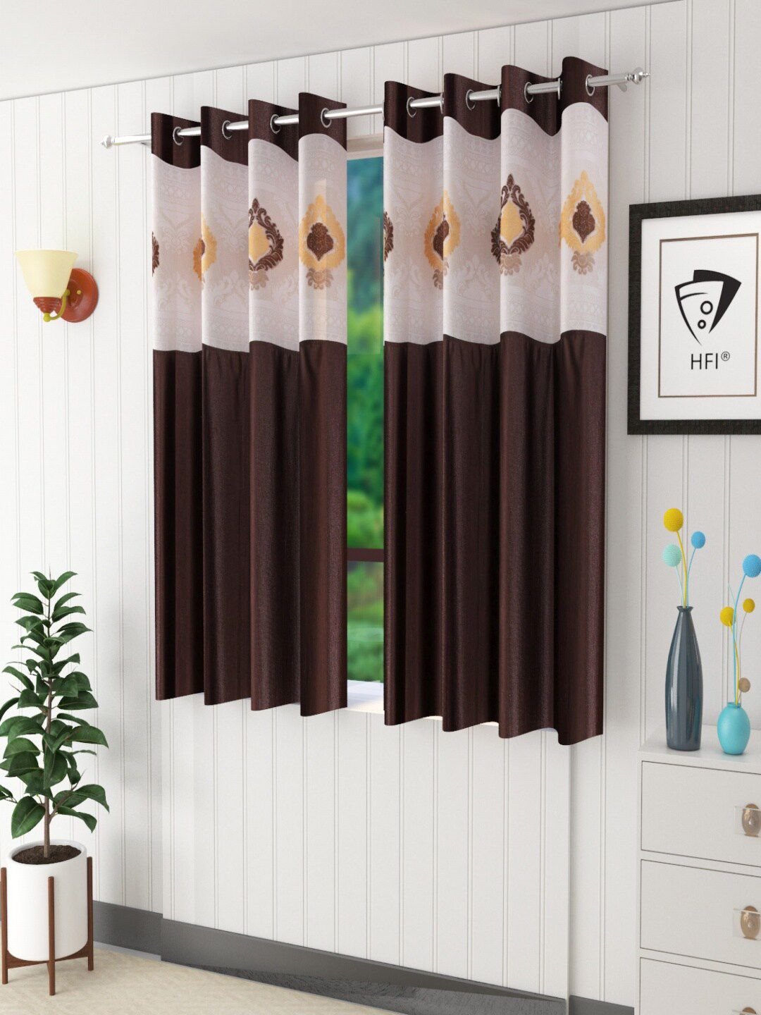 Homefab India Coffee Brown & White Set of 2 Sheer Window Curtain-picture-33