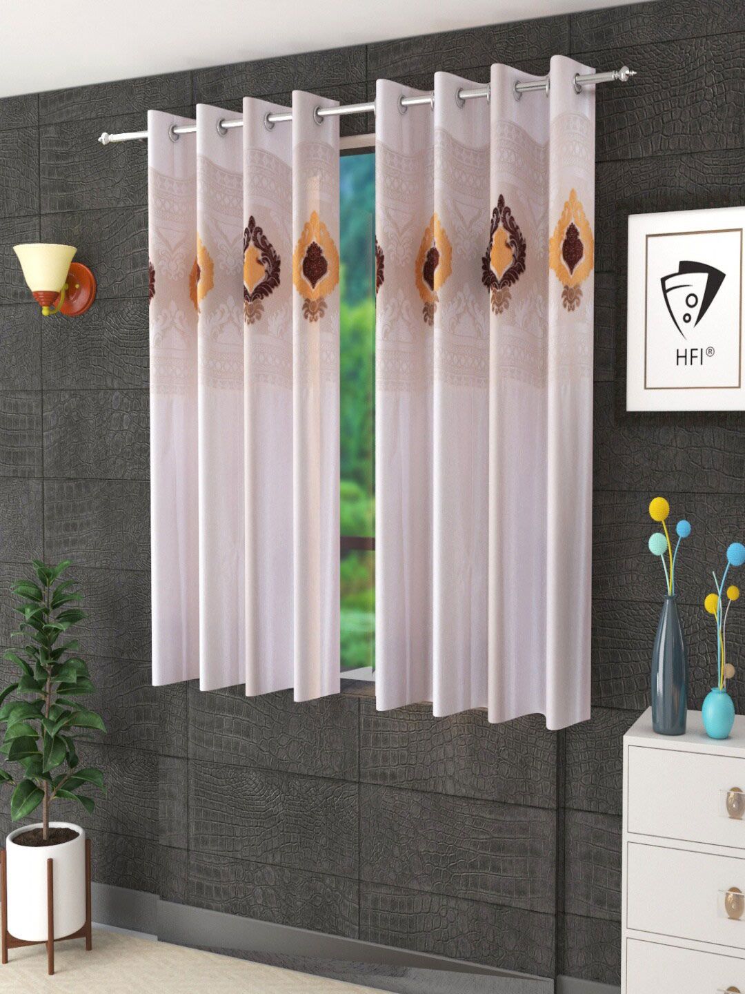 Homefab India Cream-Coloured & Brown Set of 2 Sheer Window Curtain-picture-40