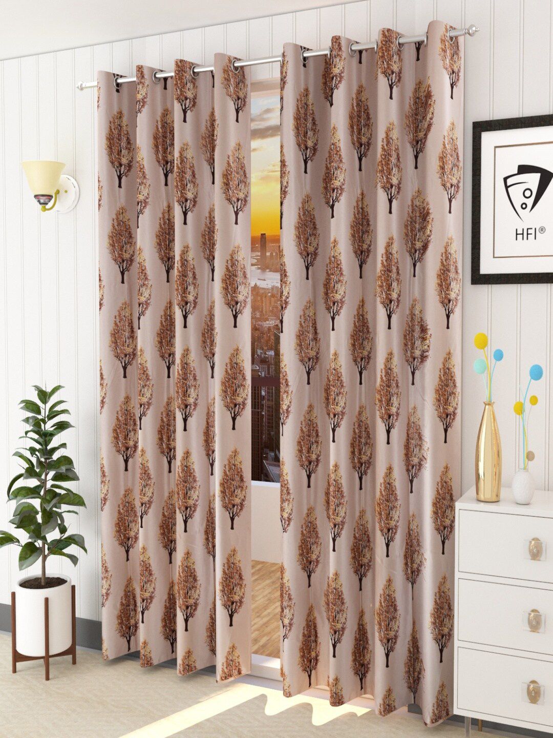 Homefab India Brown & Yellow Set of 2 Floral Door Curtain-picture-32