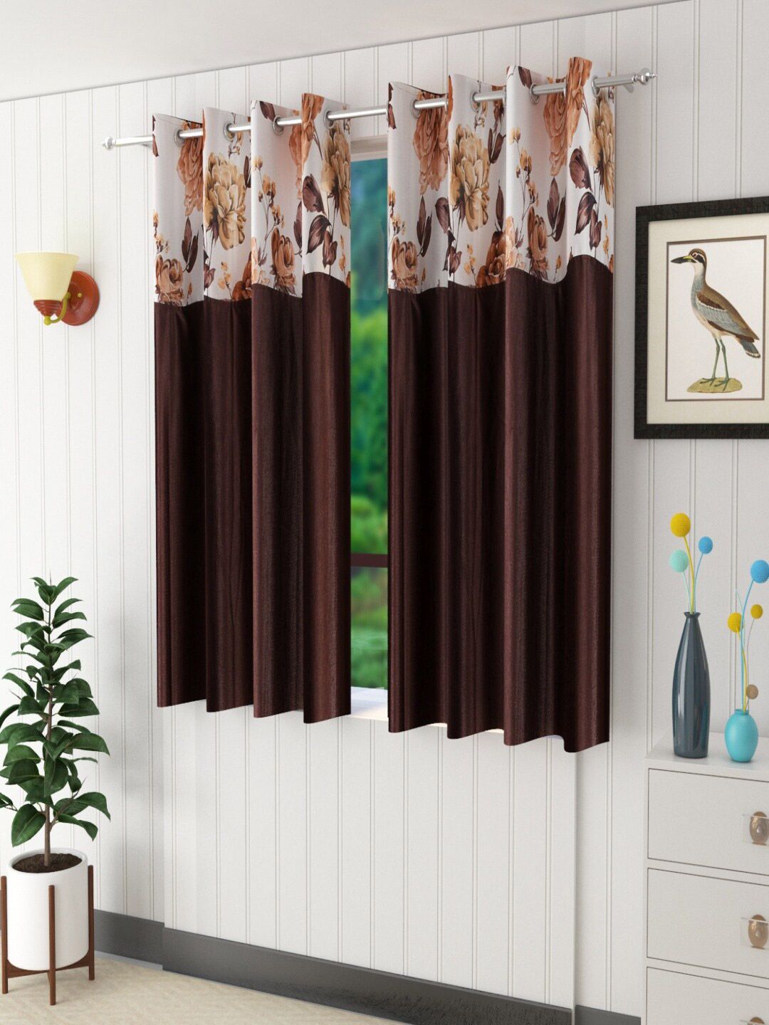Homefab India Coffee Brown & White Set of 2 Floral Window Curtain-picture-35