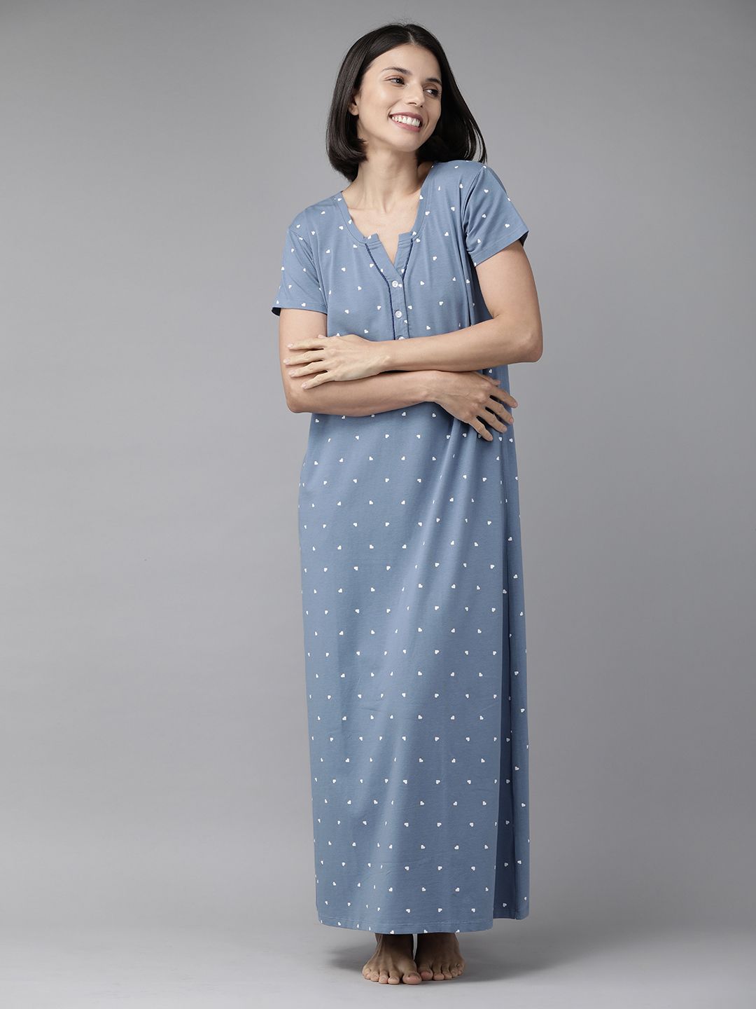 Zeyo Blue Printed Maxi Cotton Nightdress-picture-37