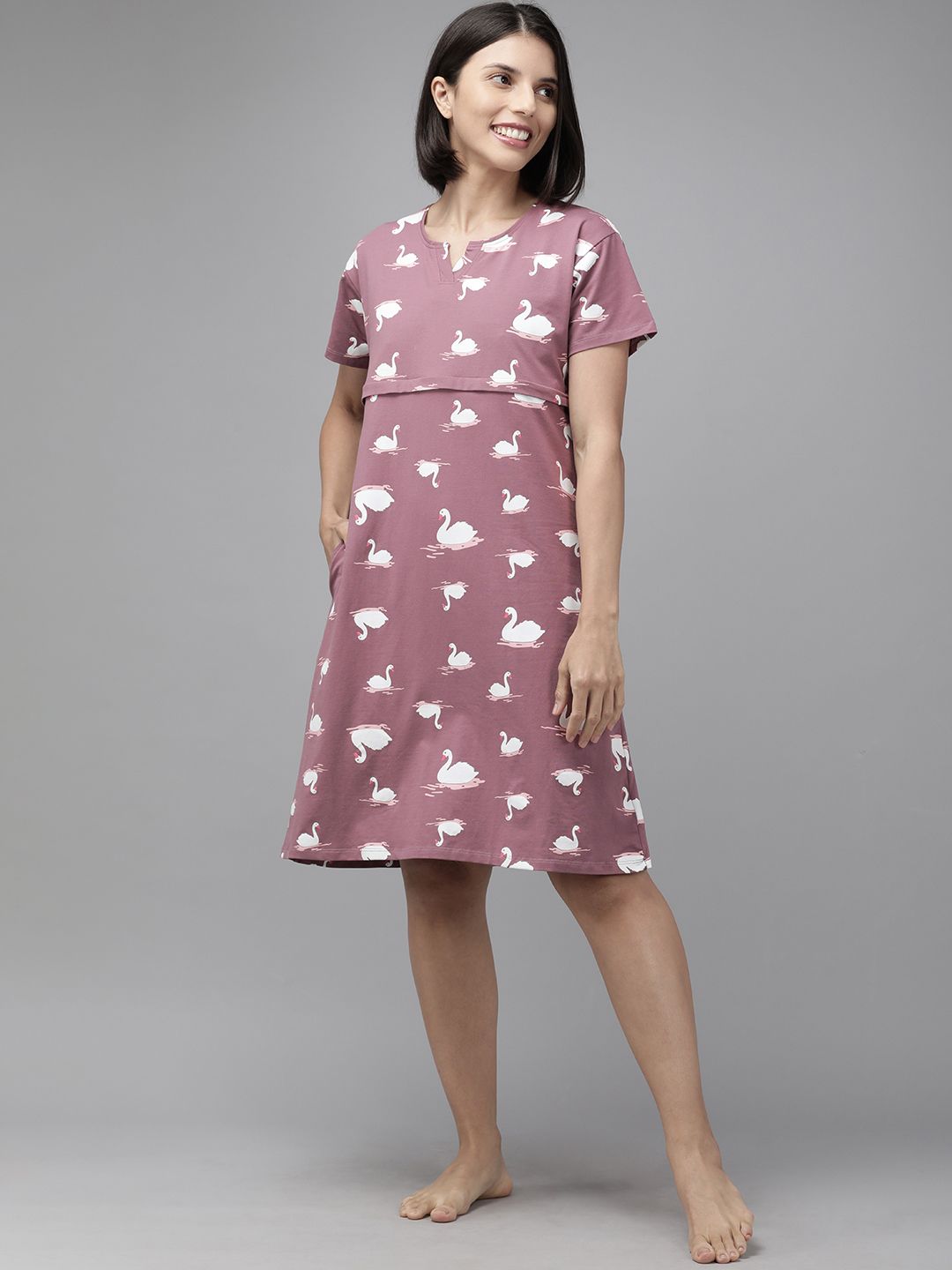 Zeyo Mauve & White Printed Cotton Maternity & Feeding Nightdress-image-16