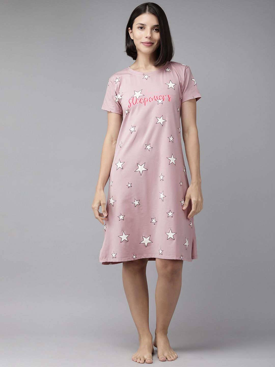 Zeyo Pink & White Printed Cotton Nightdress-image-41