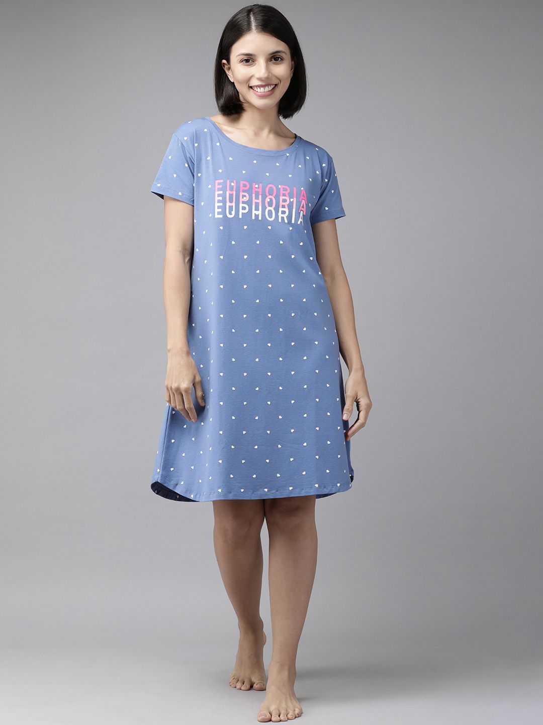 Zeyo Blue Printed Cotton Nightdress-image-5