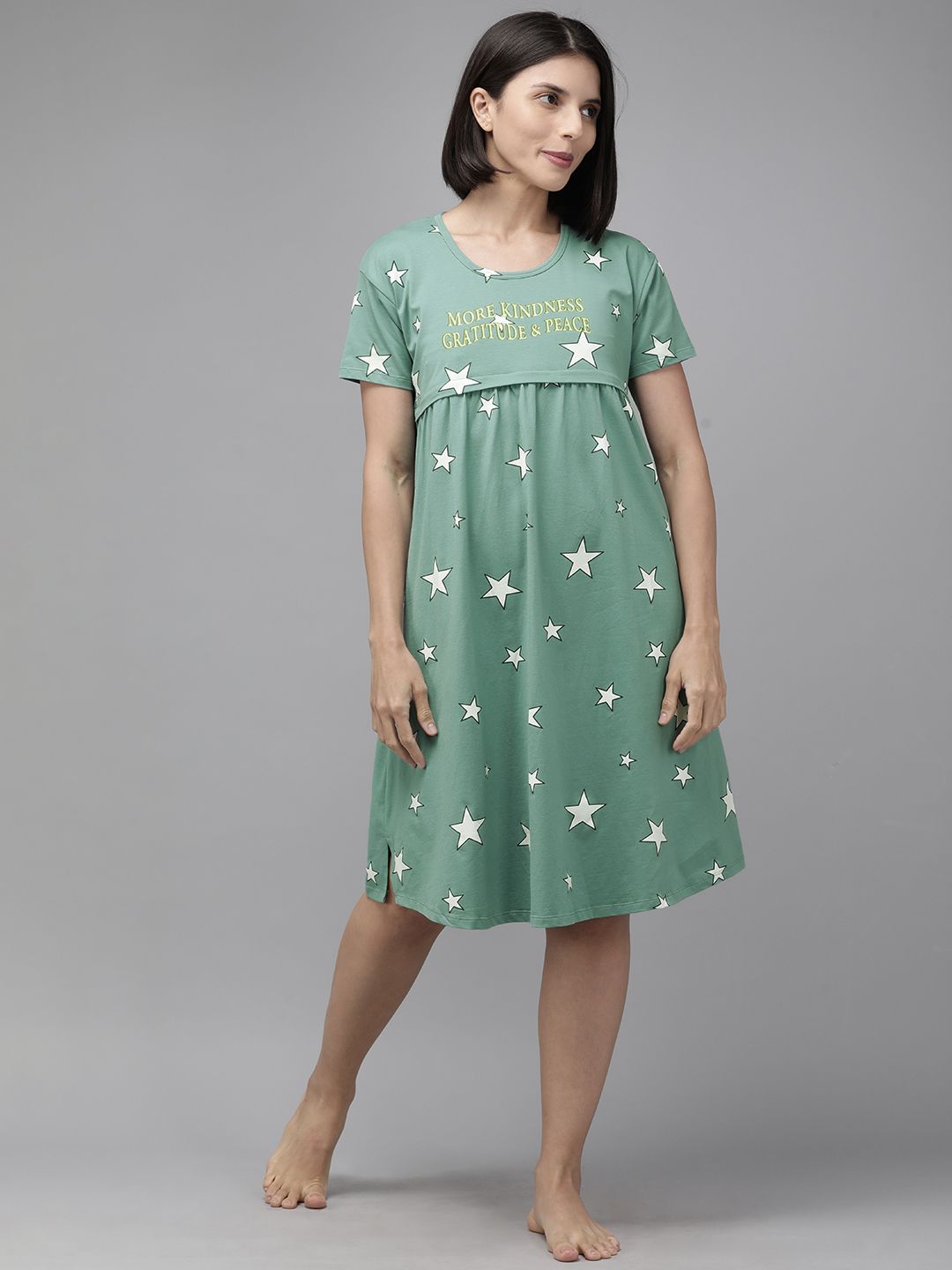 Zeyo Sea Green & White Printed Cotton Maternity & Feeding Nightdress