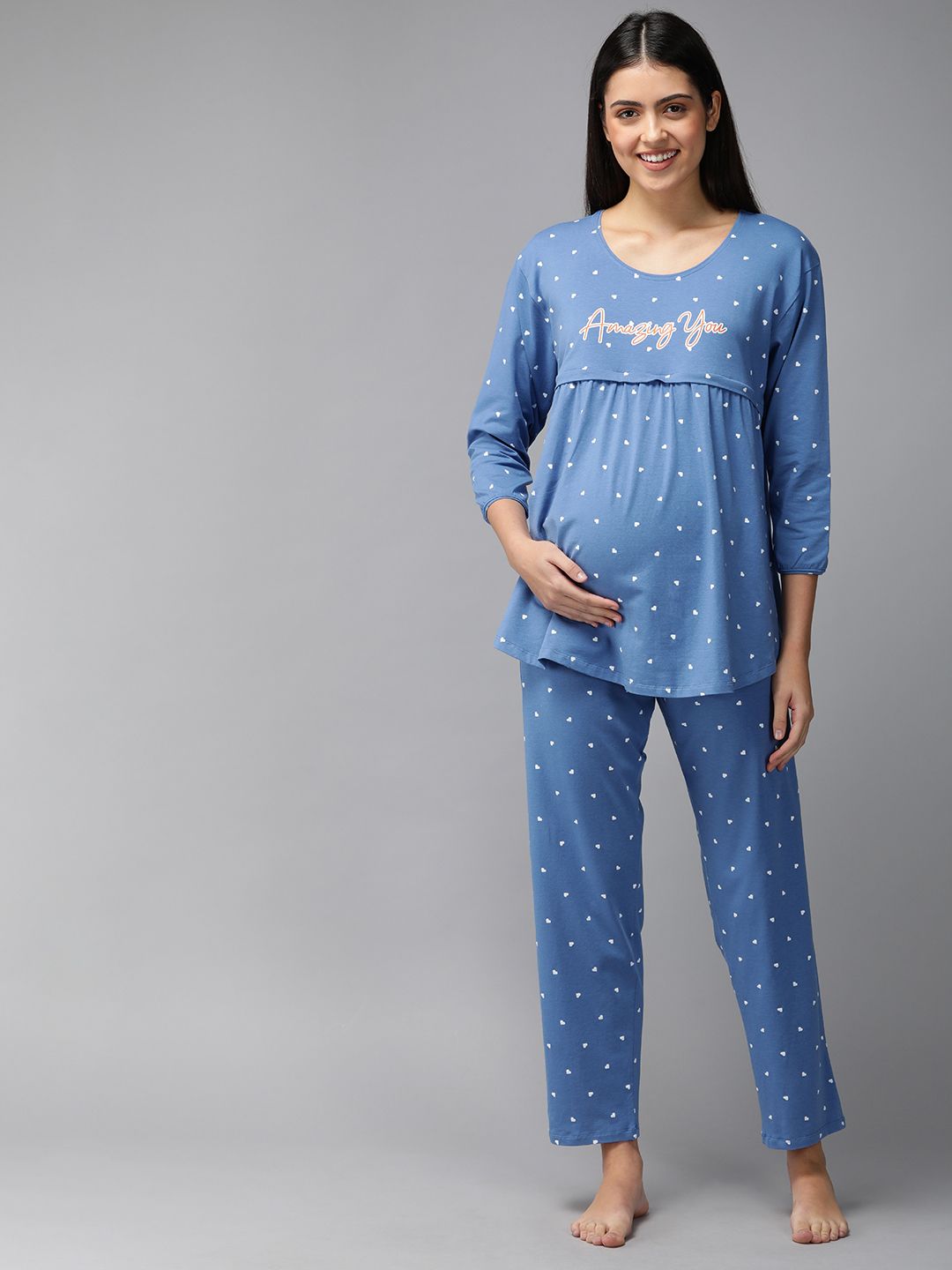 Zeyo Women Blue & White Conversational Printed Cotton Maternity Pyjama Set-picture-13