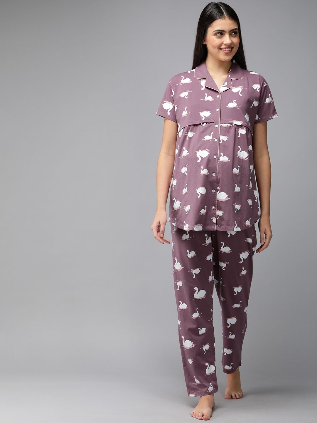 Zeyo Women Mauve & White Pure Cotton Printed Maternity & Feeding Pyjama Set-image-11