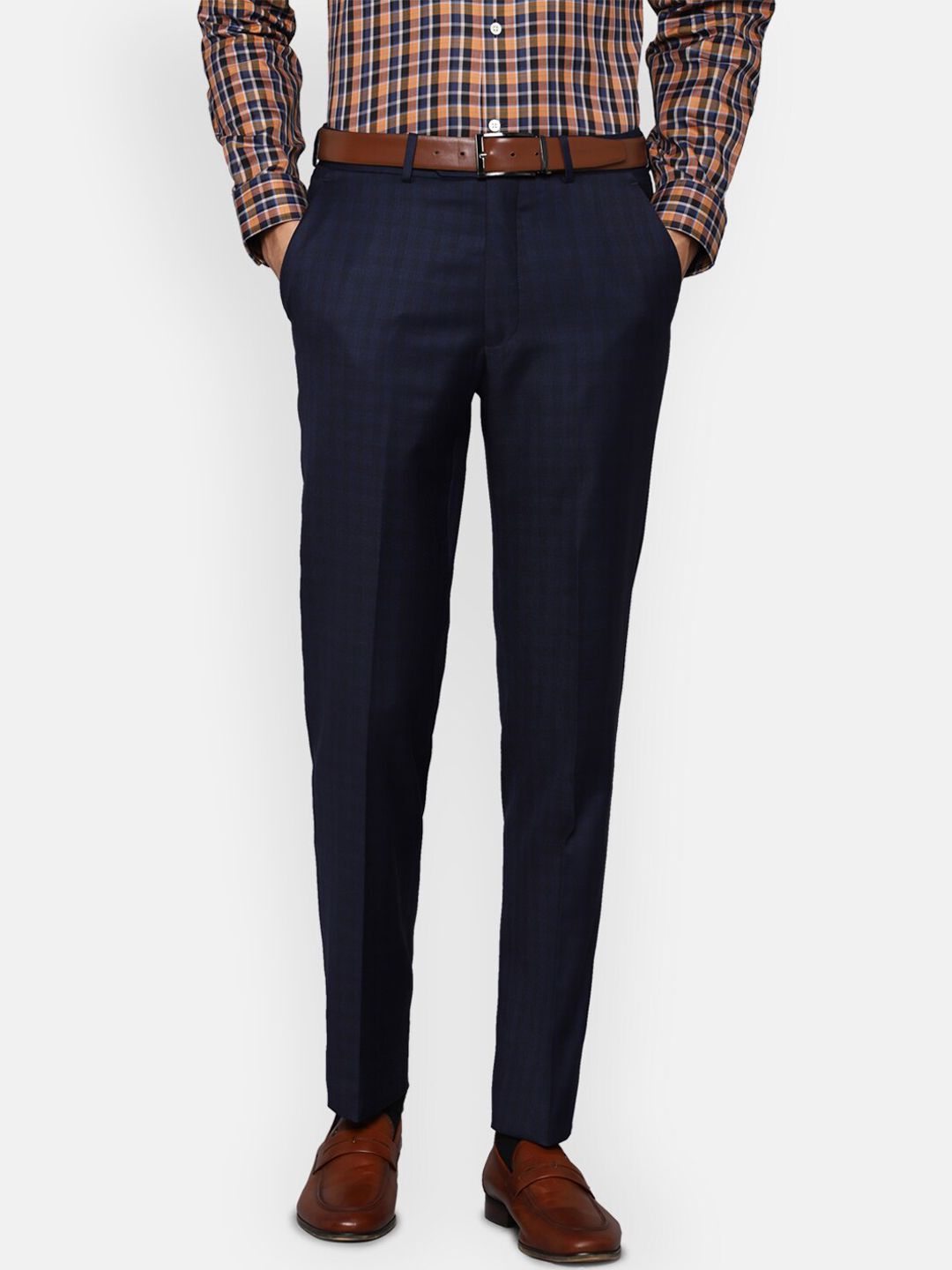 Luxure by Louis Philippe Men Navy Blue Checked Slim Fit Trousers-picture-33