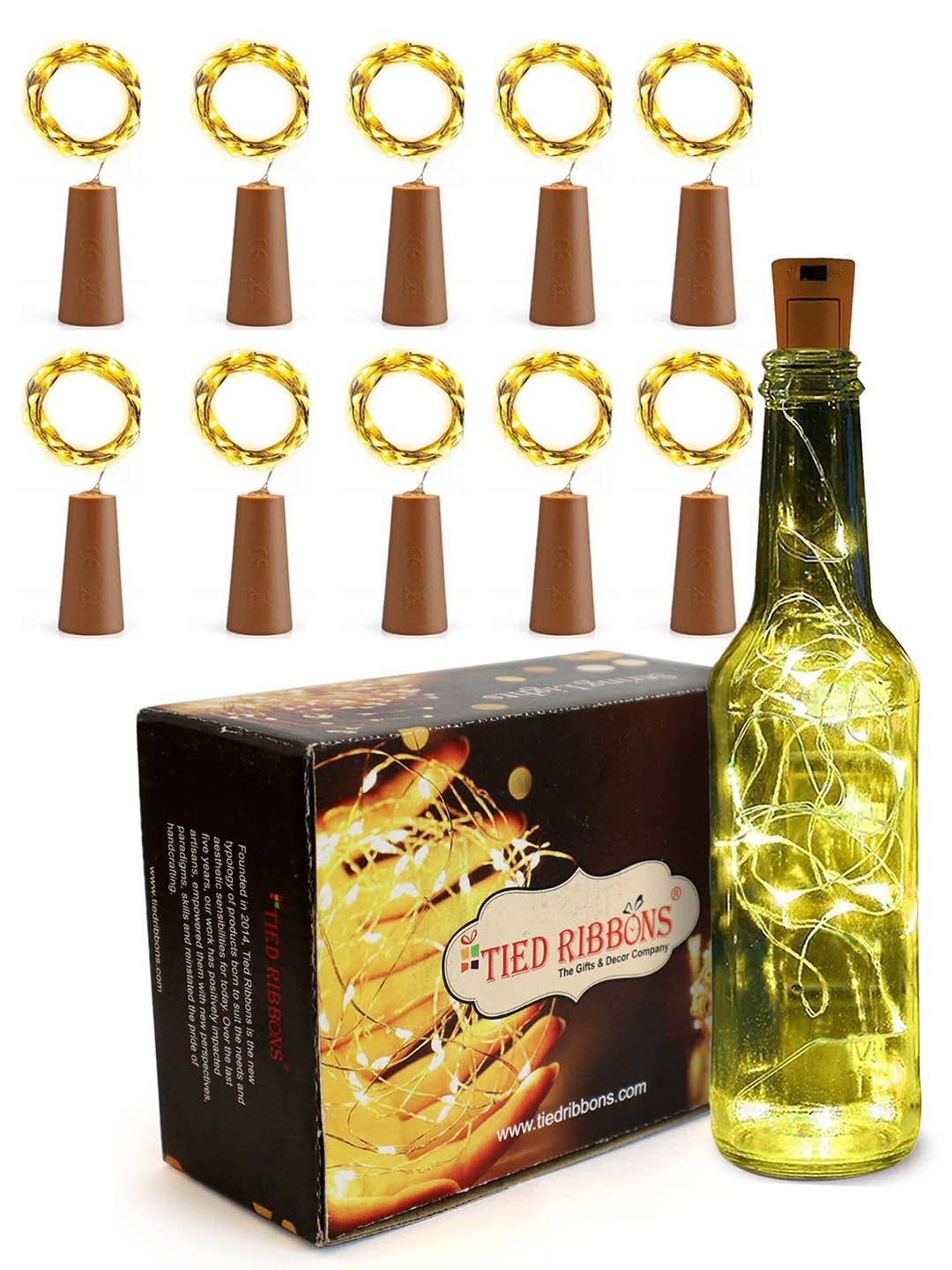 TIED RIBBONS Set Of 10 Gold-Toned Cork LED String Lights-image-9